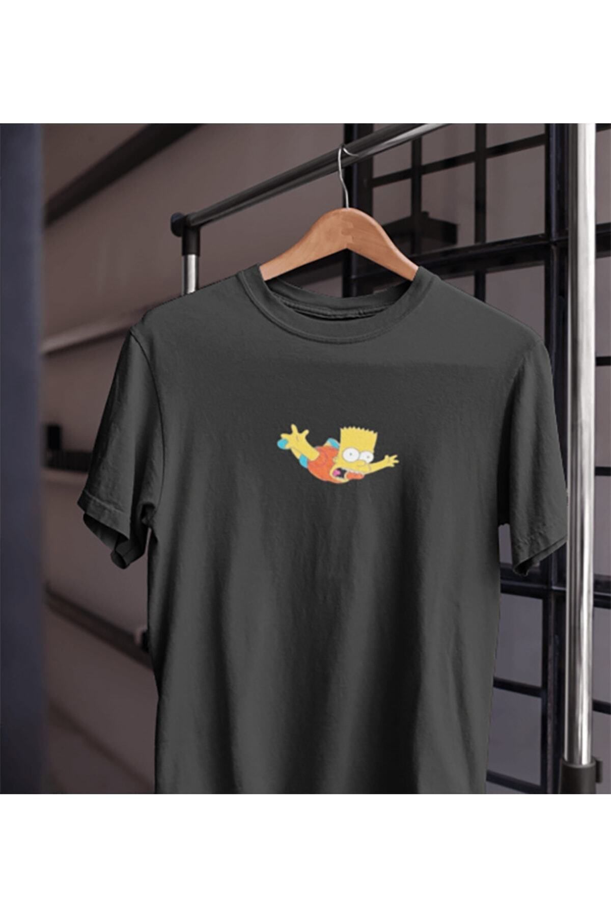 Pisa Art Unısex Kadın Erkek Bart Simpson Uçmak Paraşüt %100 Pamuk Siyah Beyaz T-shirt