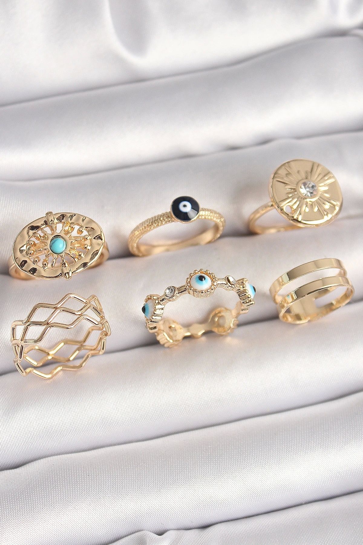 OurStyles Pirinç Gold Renk Mavi Taşlı Zirkon Taş Detaylı Dalga Model Kadın Yüzük Kombini - TJ-BYK3675