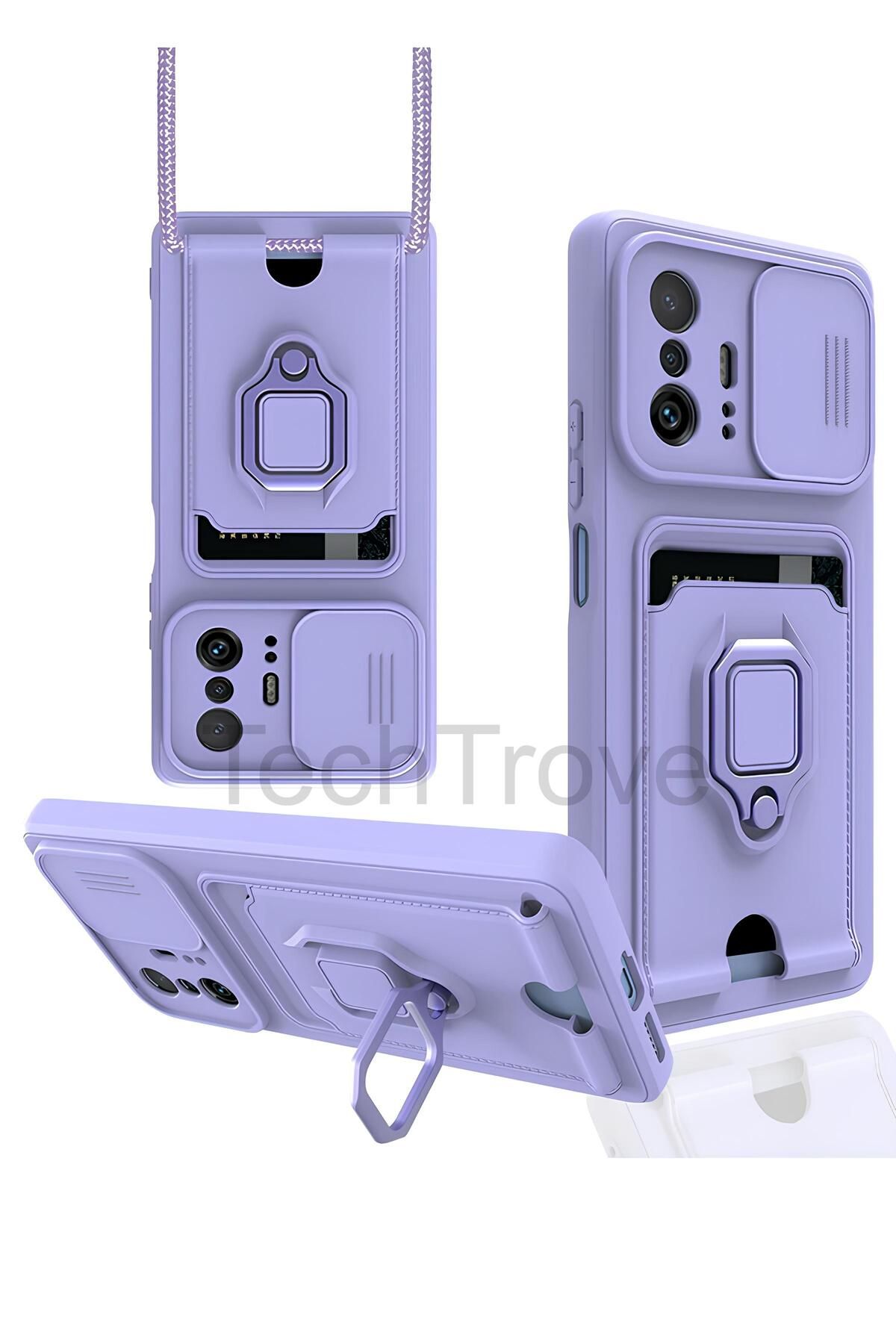 TechTrove Xiaomi Mi 11T Pro Kılıf Kamera Koruma Sürgülü Kartvizitli Kartlıklı Standlı İpli Renkli Kapak