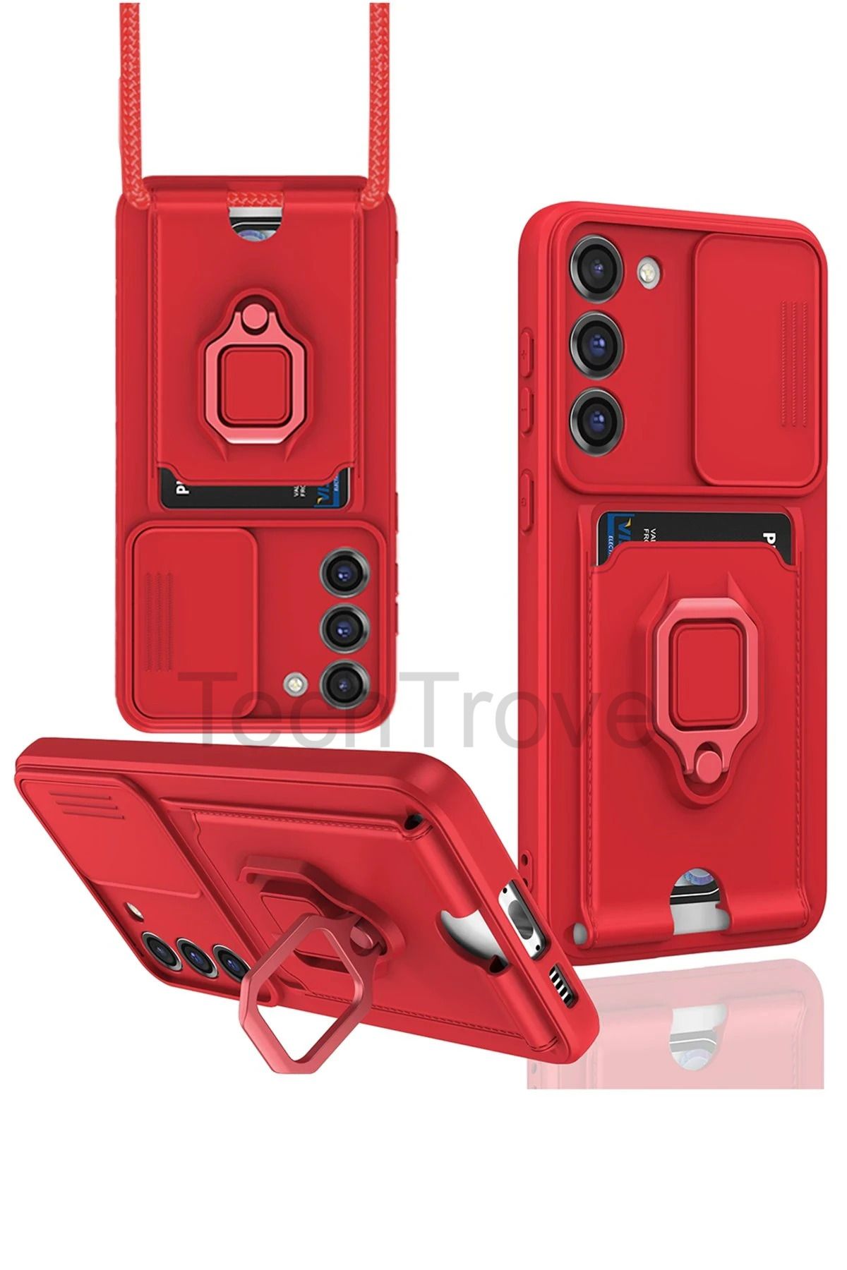 TechTrove Samsung Galaxy S23 Plus Kılıf Kamera Koruma Sürgülü Kartvizitli Kartlıklı Standlı İpli Renkli Kapak