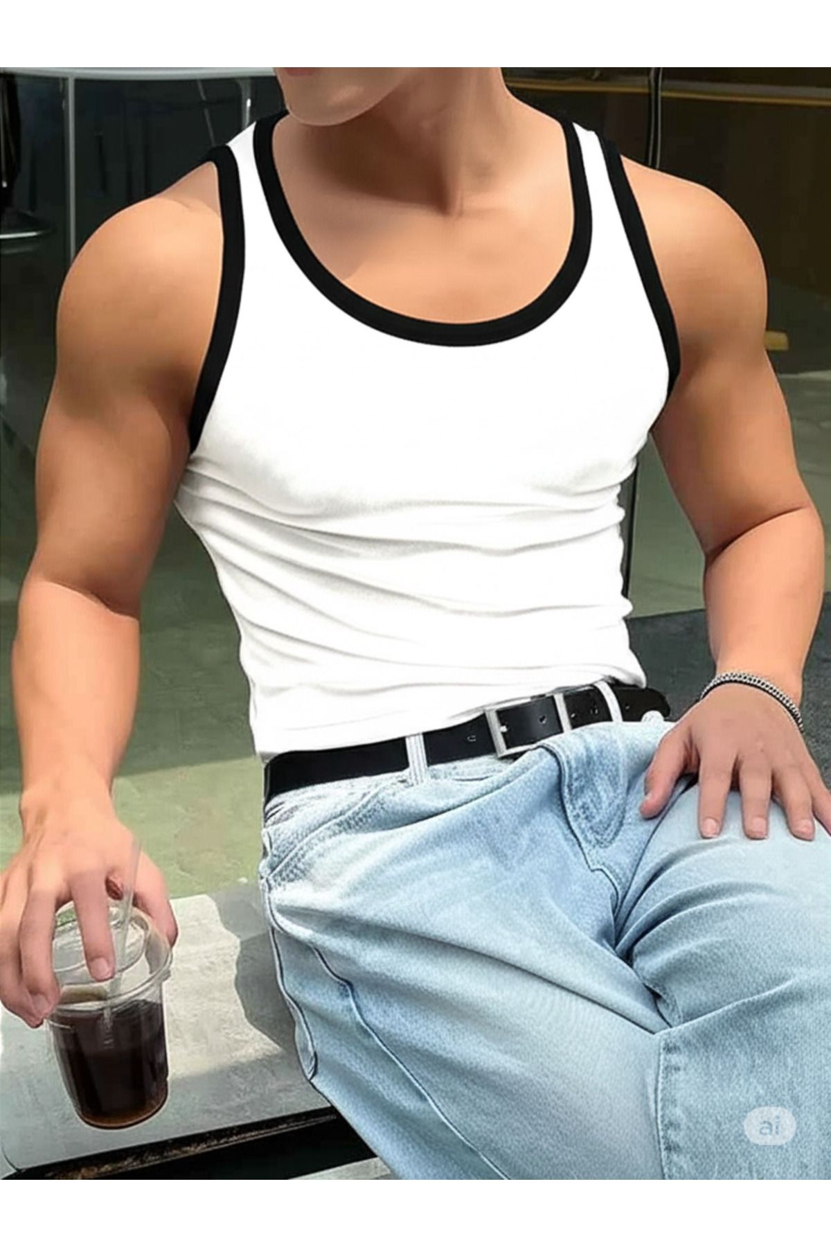 Moda Akai Erkek Halter Yaka Sporcu Likralı Atlet siyah beyaz