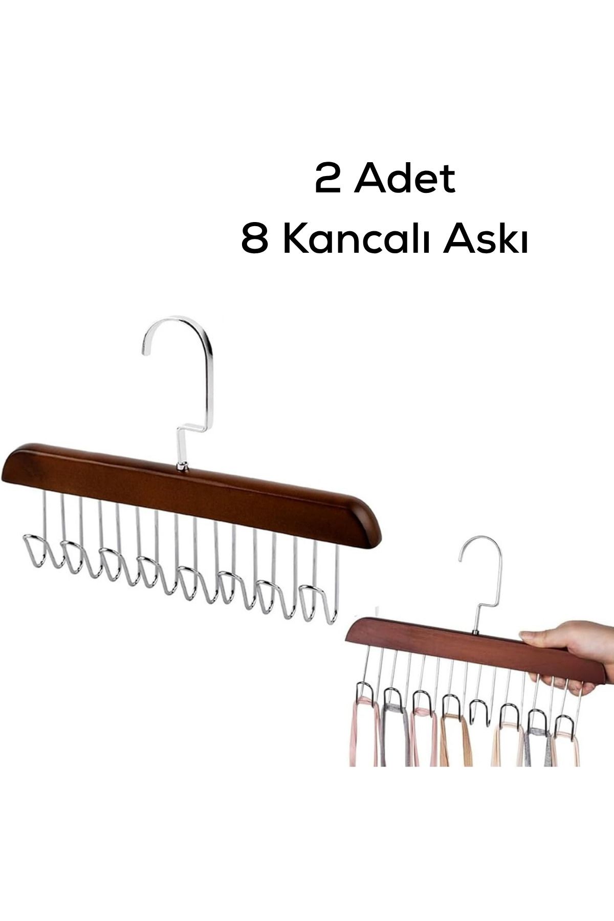 Heredot Mithra Life 2 Adet 8 Kancalı Kahverengi Ahşap Elbise Eşarp Kravat Kemer Çanta Askısı MIT1220