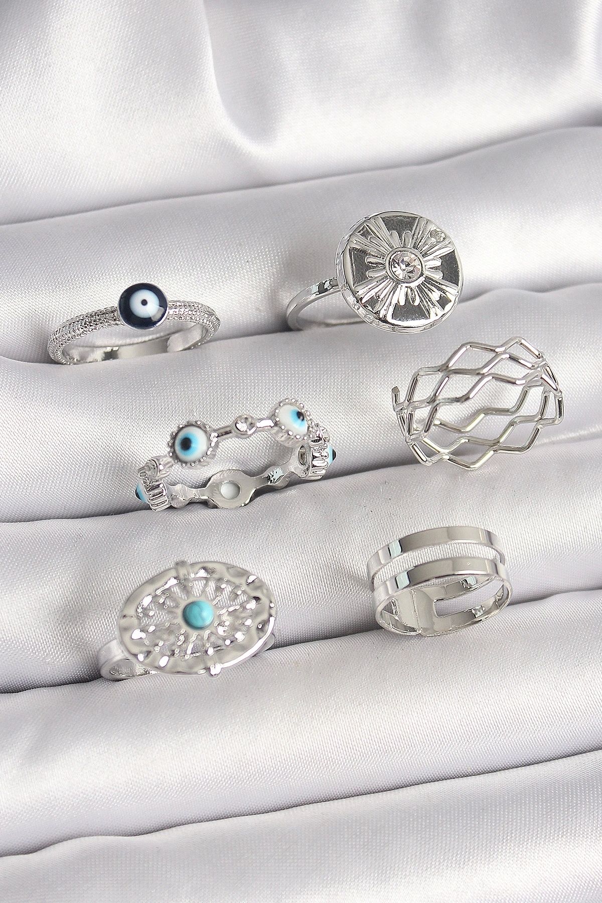 OurStyles Pirinç Gümüş Renk Nazar Boncuk Zirkon Taş Detaylı Dalga Figür Kadın Yüzük Kombini - TJ-BYK3653