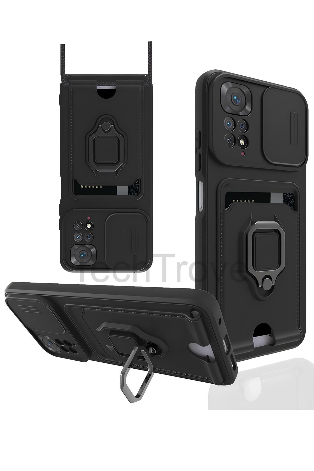 TechTrove Xiaomi Redmi Note 11 Pro Kılıf Kamera Koruma Sürgülü Kartvizitli Kartlıklı Standlı İpli Renkli Kapak