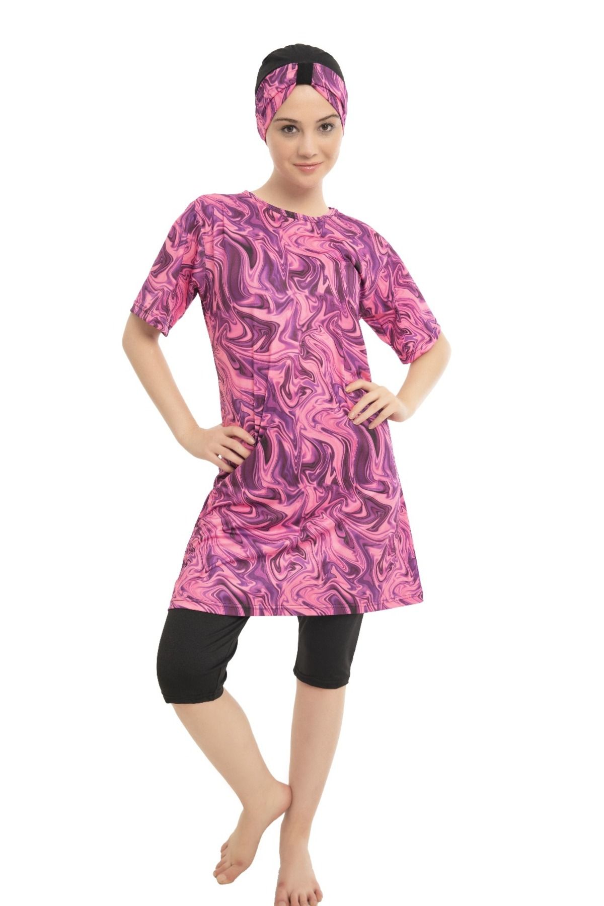 bazaar-turkey all you need Desenli Kısa Kollu Kısa Taytlı Tesettür Mayo 1604-60 Pembe