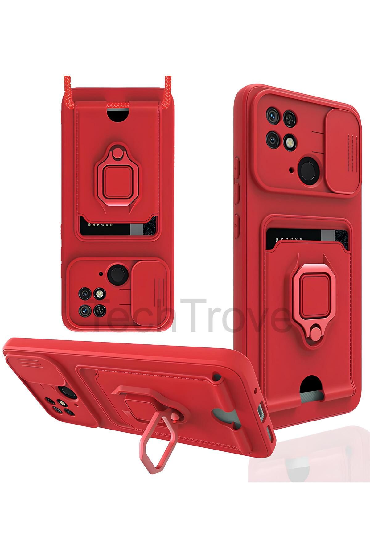 TechTrove Xiaomi Redmi 10C Kılıf Kamera Koruma Sürgülü Kartvizitli Kartlıklı Standlı İpli Renkli Kapak