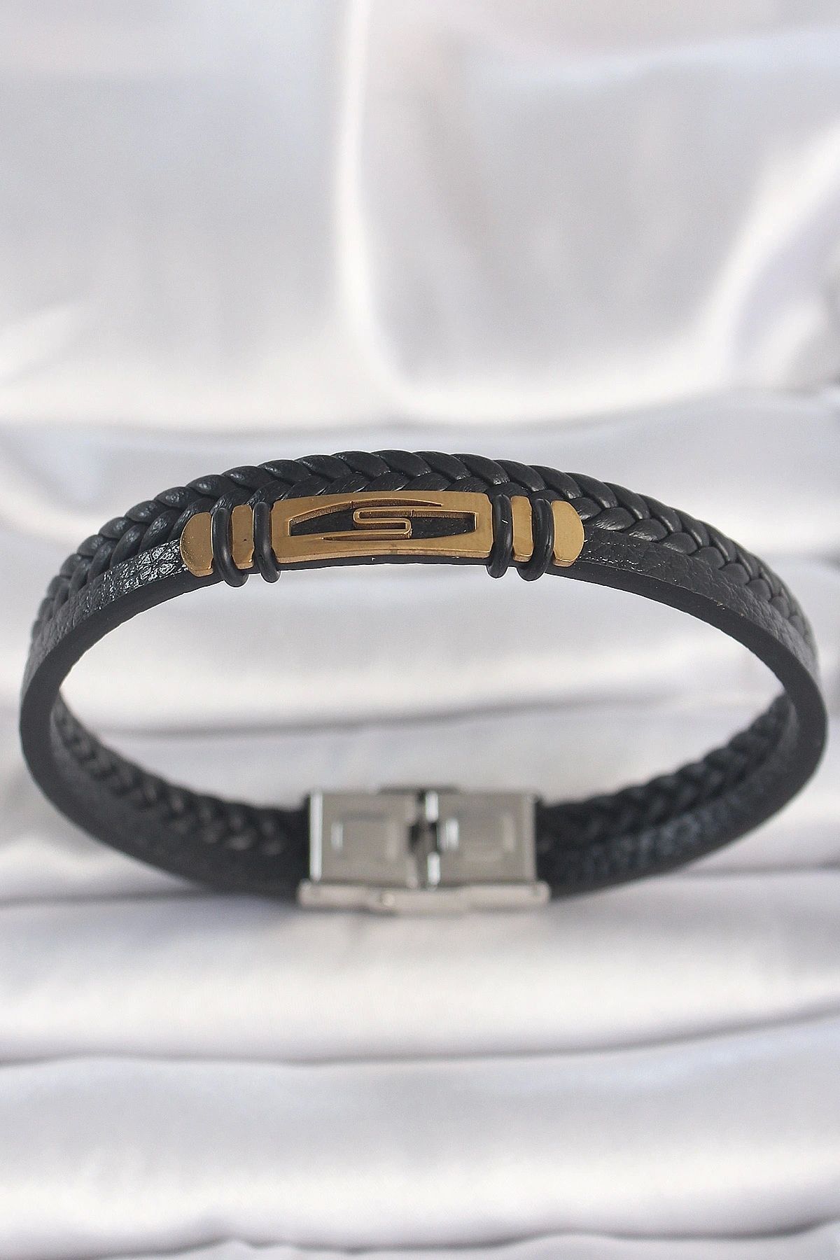OurStyles 316L Çelik Gold Renk Aksesuarlı Çift Sıra Siyah Burgu Desenli Deri Kordon Erkek Bileklik - TJ-EB3708