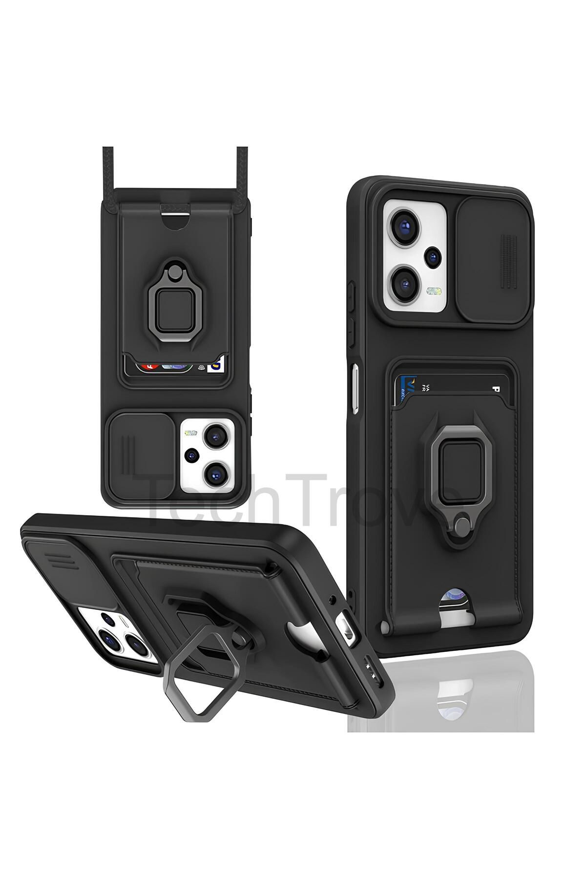 TechTrove Xiaomi Poco X5 5G Kılıf Kamera Koruma Sürgülü Kartvizitli Kartlıklı Standlı İpli Renkli Kapak