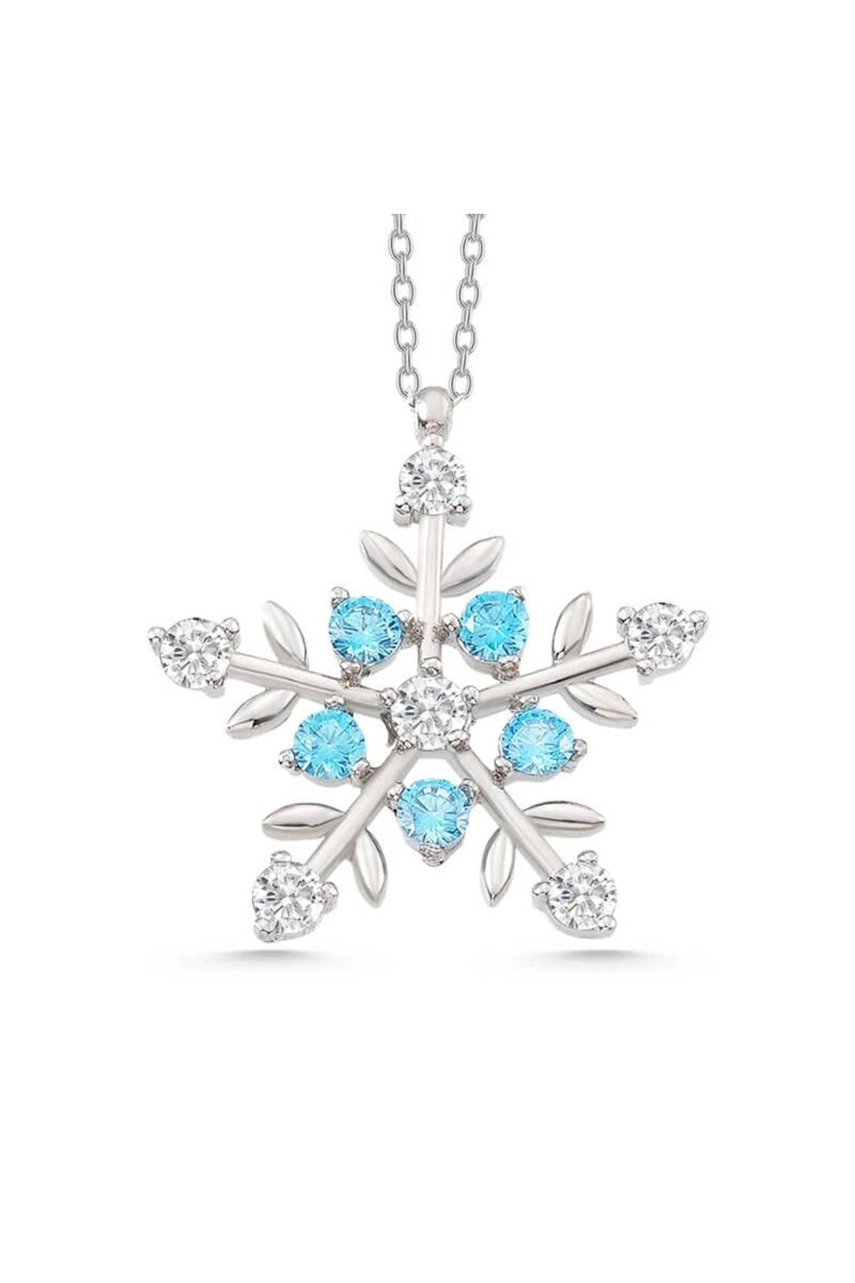 minaydan 925 Ayar Gümüş Aquamarine Taşlı Kar Tanesi Kadın Kolye