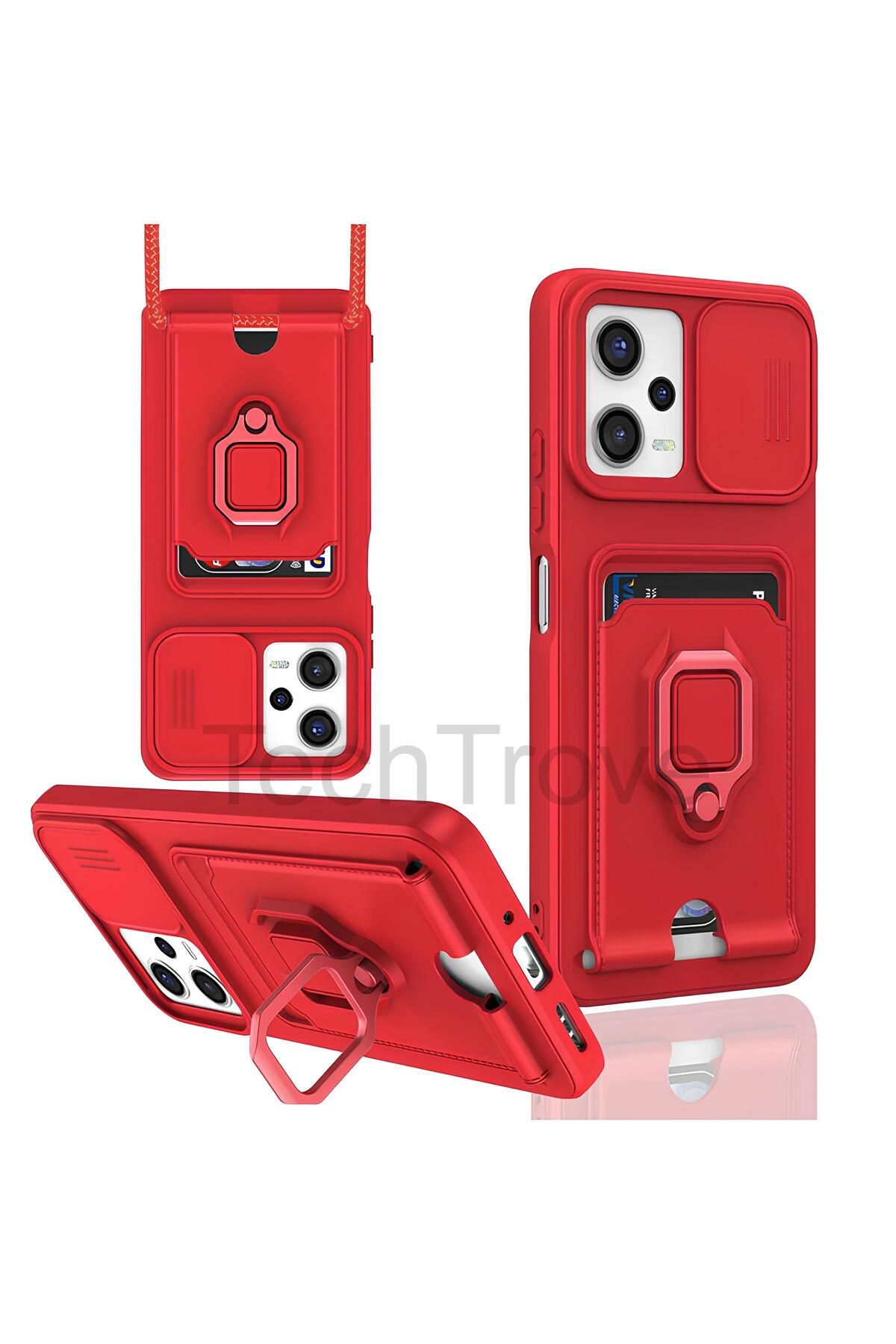 TechTrove Xiaomi Redmi Note 12 5G Kılıf Kamera Koruma Sürgülü Kartvizitli Kartlıklı Standlı İpli Renkli Kapak