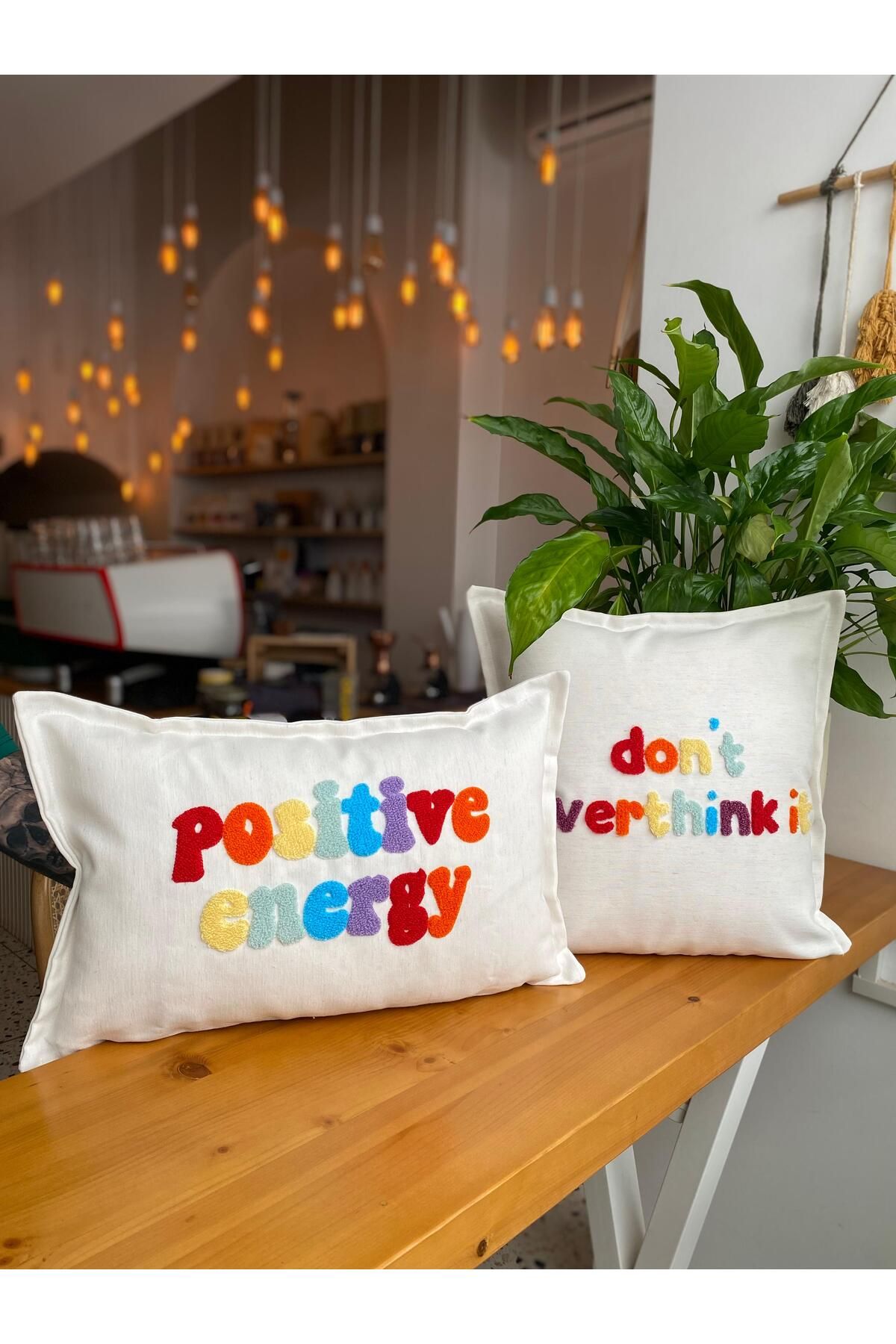 RahanDesign Dont Overthink It - Positive Energy Punch İşlemeli 2li Kırlent Kılıfı Seti - (43x43-30x50cm)