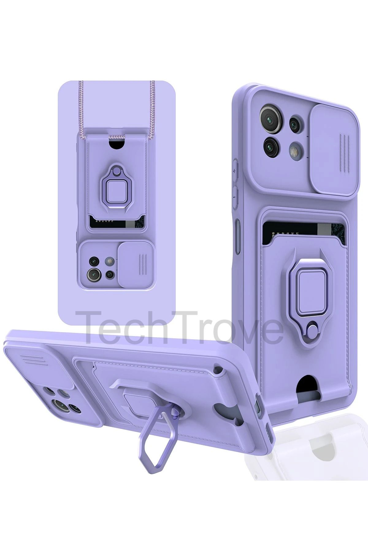 TechTrove Xiaomi Mİ 11 Lite Kılıf Kamera Koruma Sürgülü Kartvizitli Kartlıklı Standlı İpli Renkli Kapak