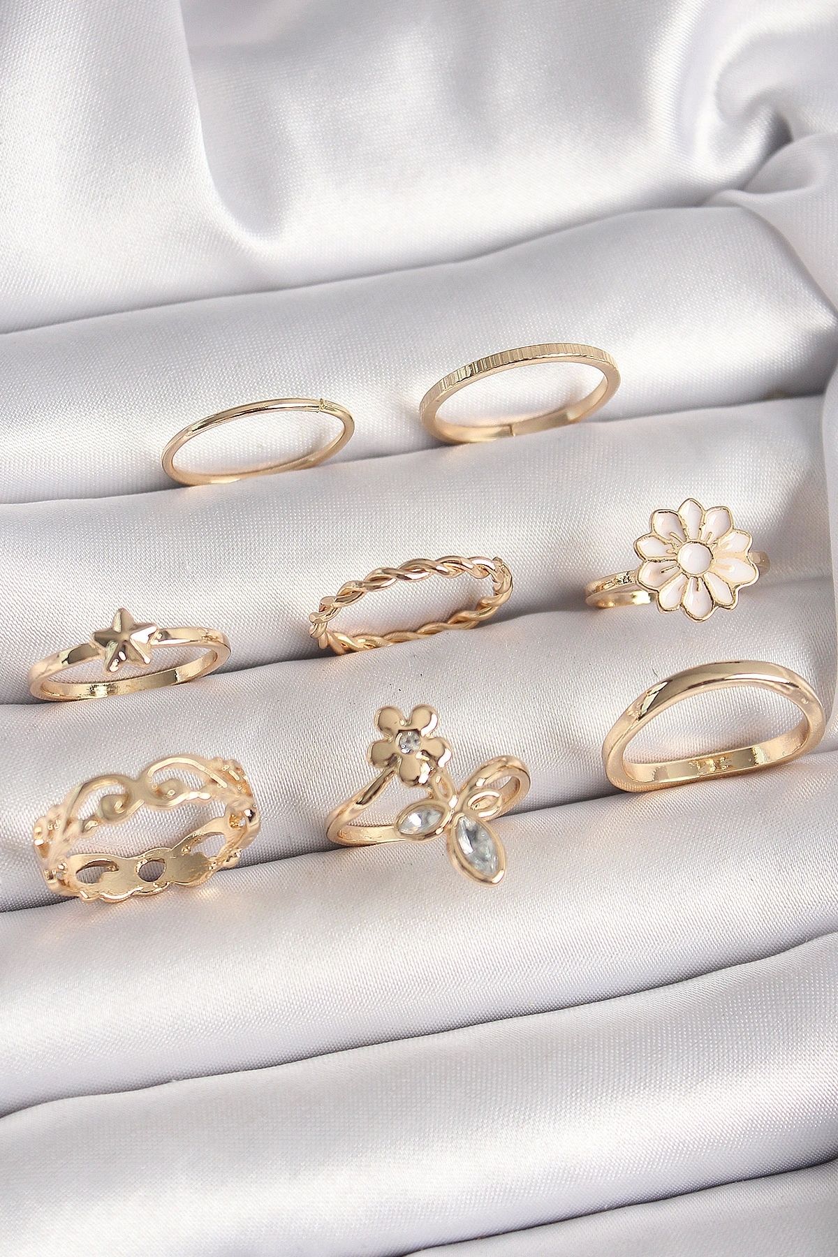OurStyles Pirinç Gold Renk Çiçek Model Zirkon Taş Detay Kadın Yüzük Kombini - TJ-BYK3671