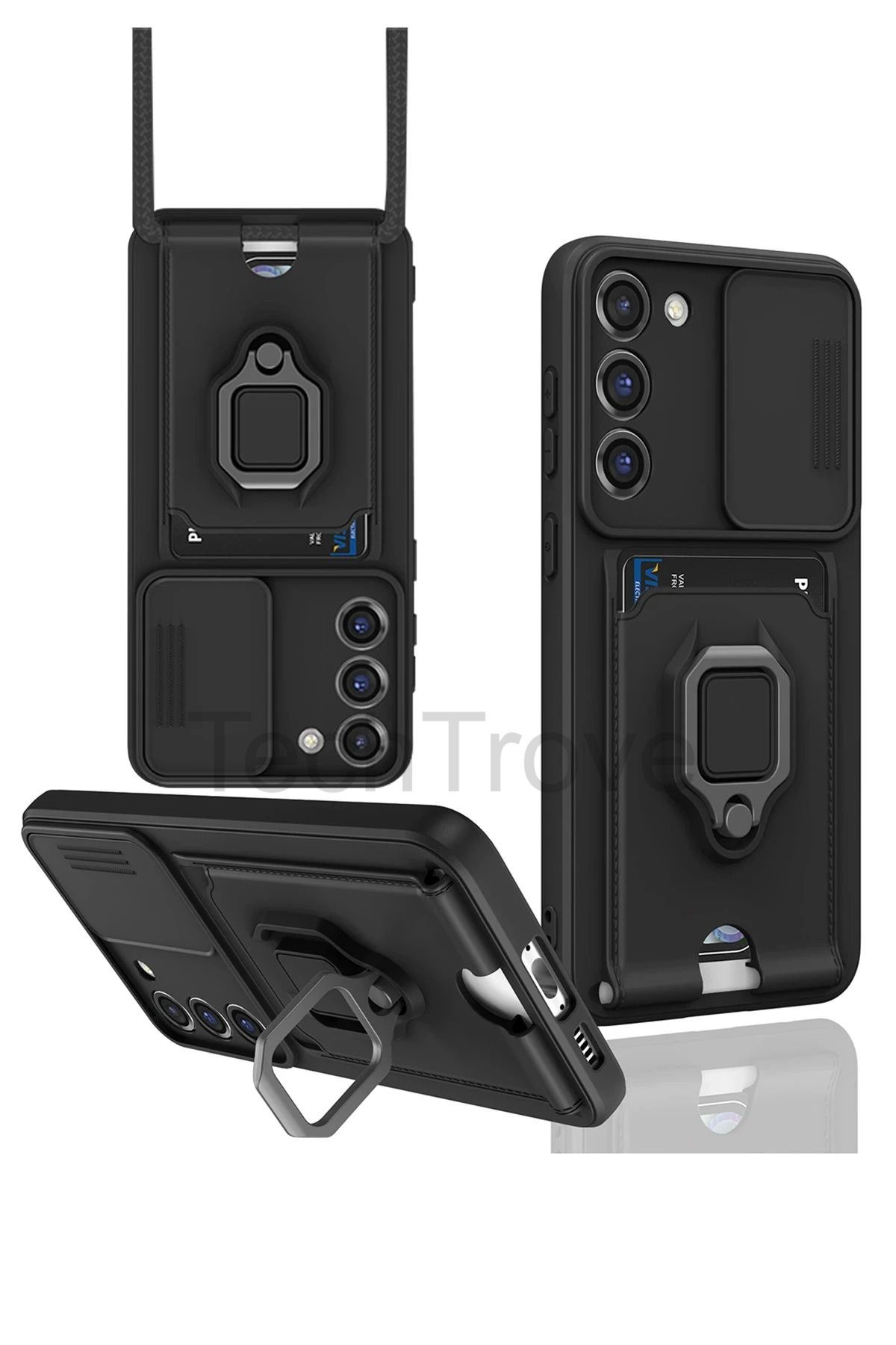 TechTrove Samsung Galaxy S23 Plus Kılıf Kamera Koruma Sürgülü Kartvizitli Kartlıklı Standlı İpli Renkli Kapak
