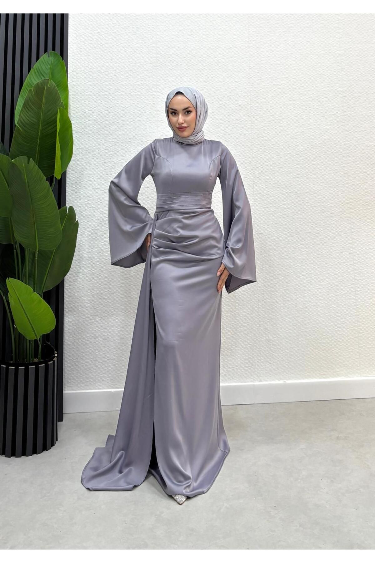 modadeywearst Drape Detaylı Kuyruklu Saten Tesettür Abiye