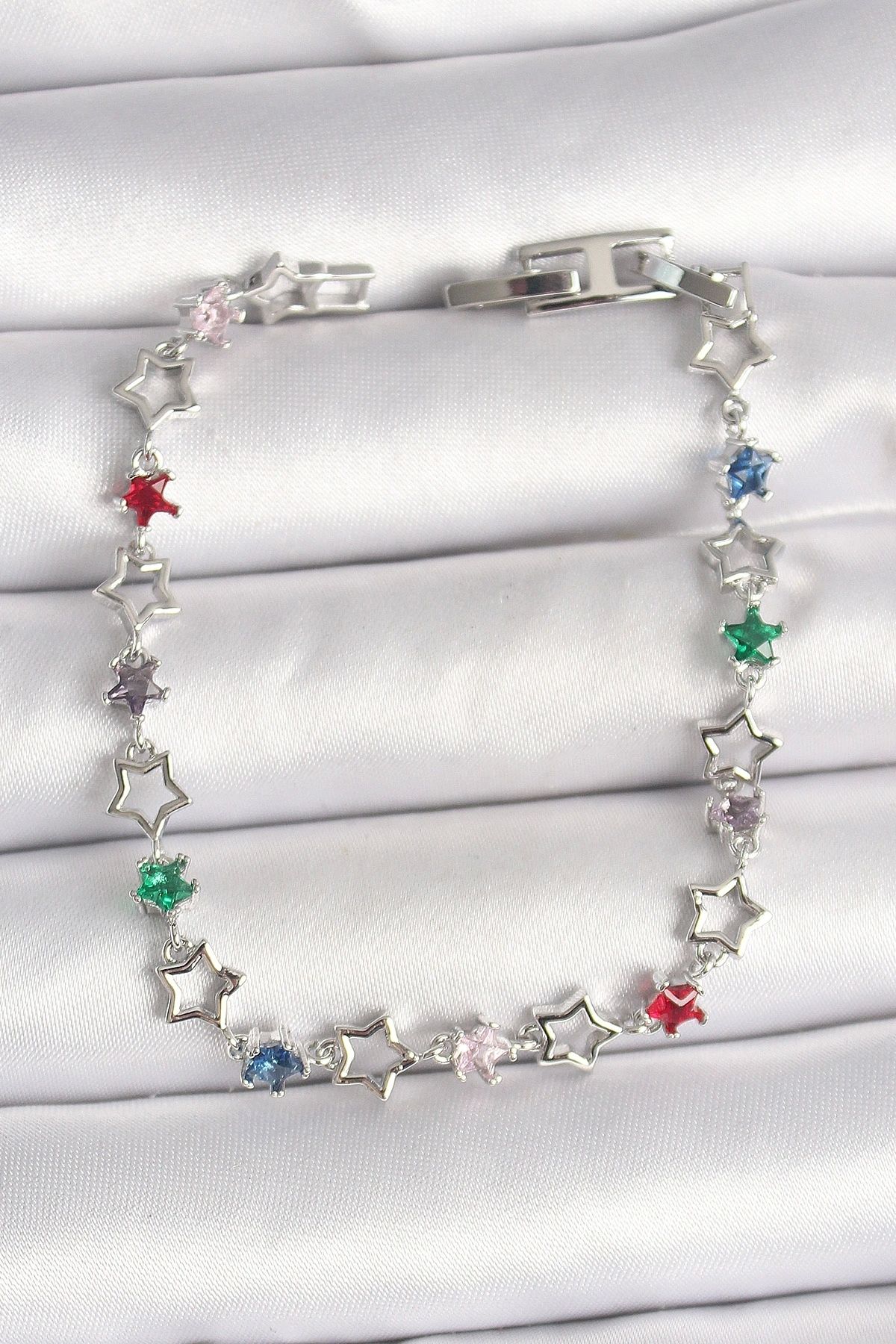 OurStyles Pirinç Gümüş Renk Renkli Zirkon Taşlı Yıldız Model Kadın Bileklik - TJ-BB6871