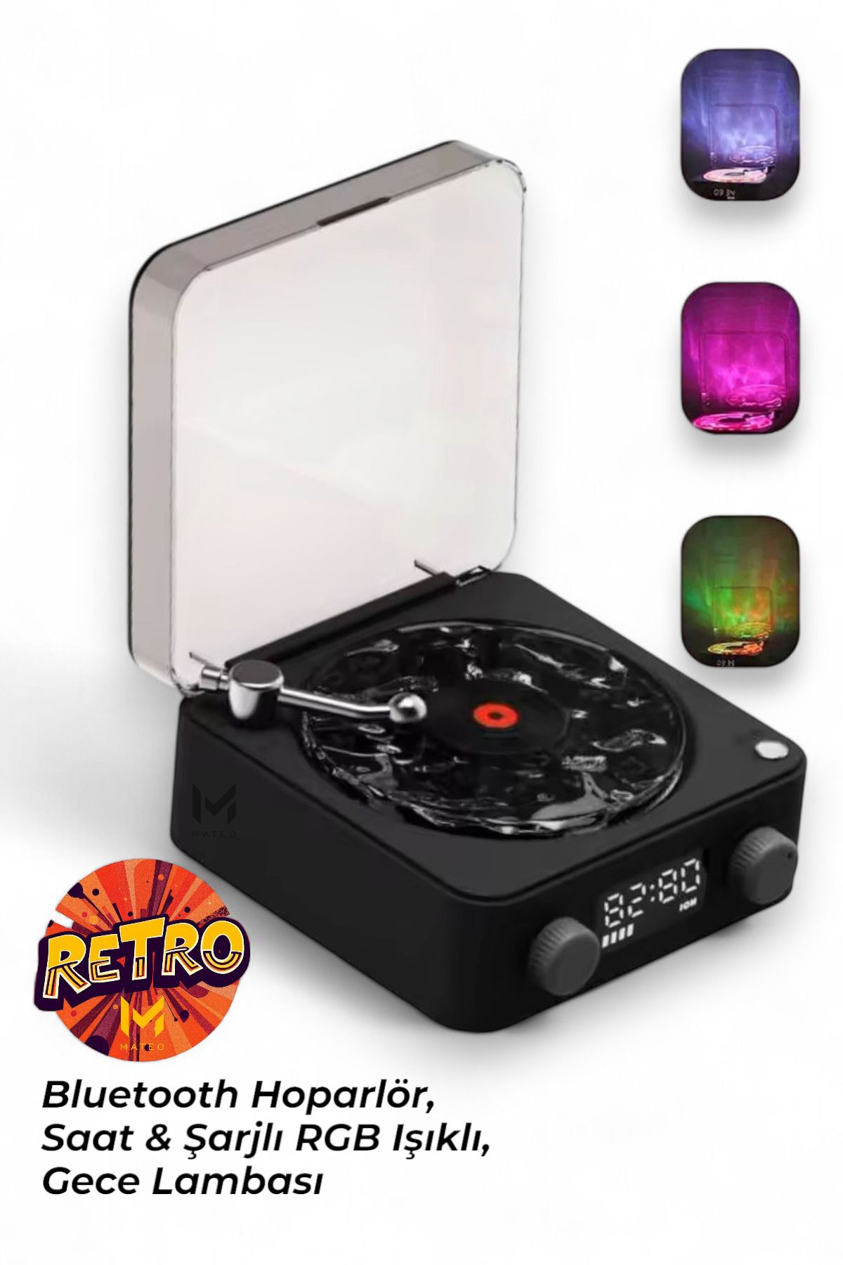 MATEO Retro Pikap Tasarımlı Bluetooth Hoparlör | Dijital Saatli & LED Işıklı & Gece Lambası