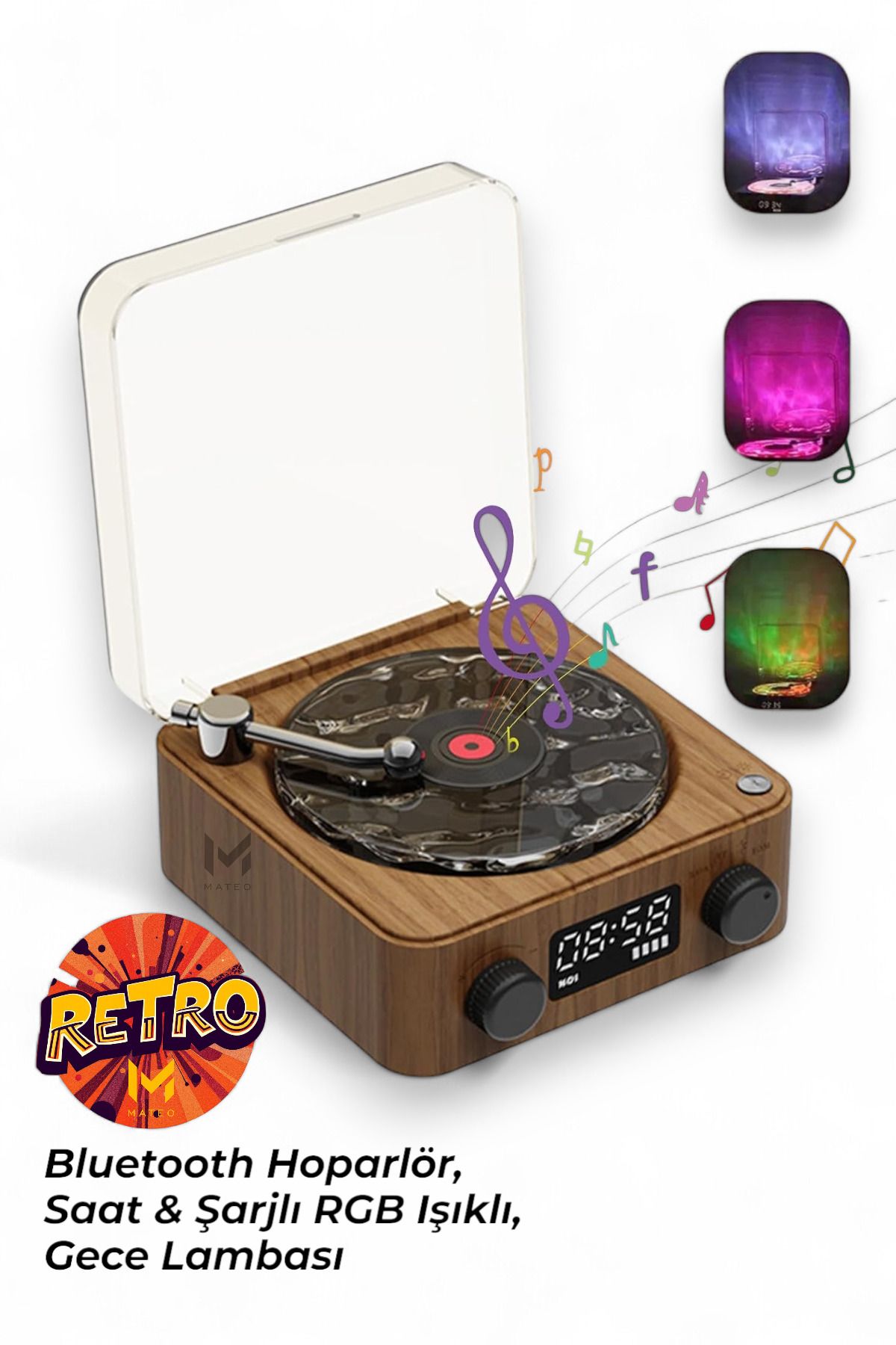 MATEO Retro Pikap Tasarımlı Bluetooth Hoparlör | Dijital Saatli & LED Işıklı & Gece Lambası