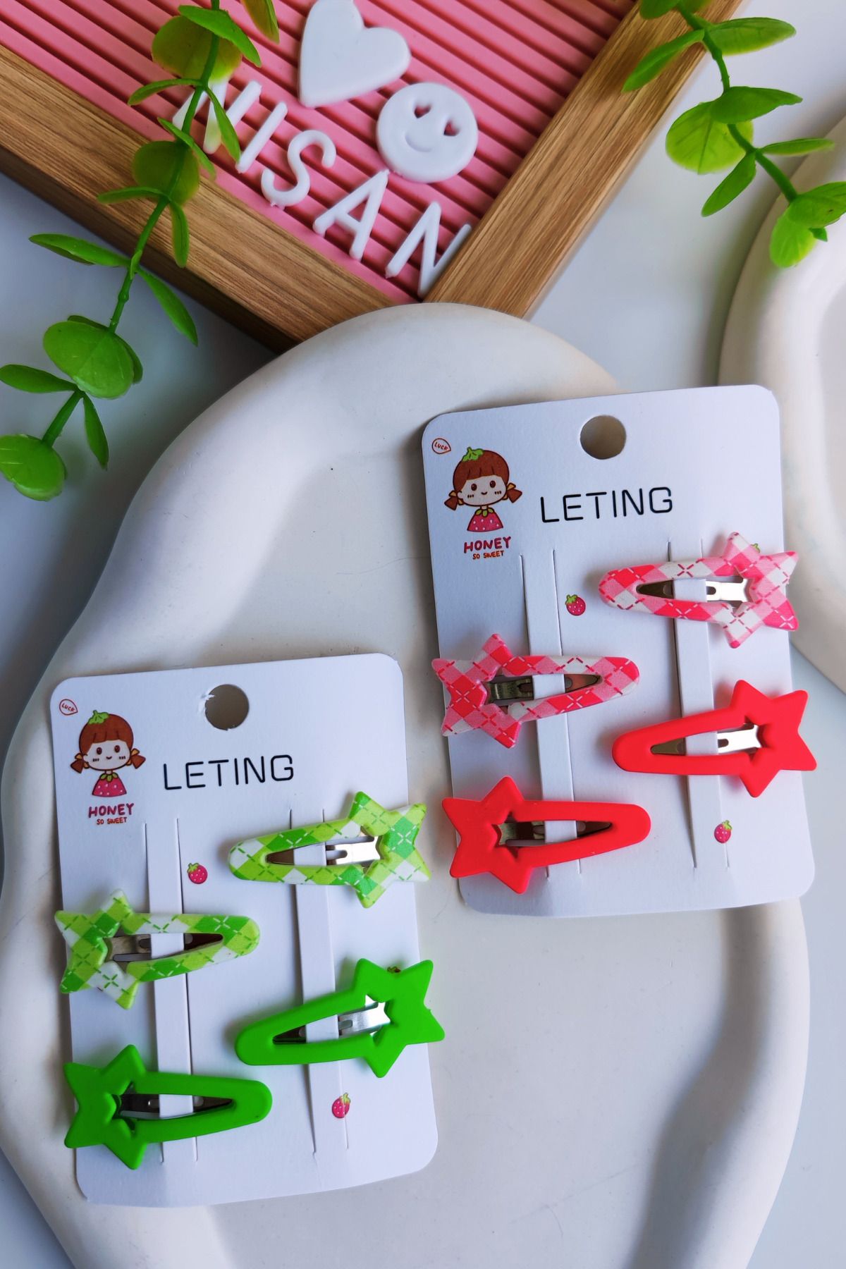 Nisankids Ekose Desenli Kayan Yıldız Figürlü Az Saçlı Bebek Tokası 4 Çift