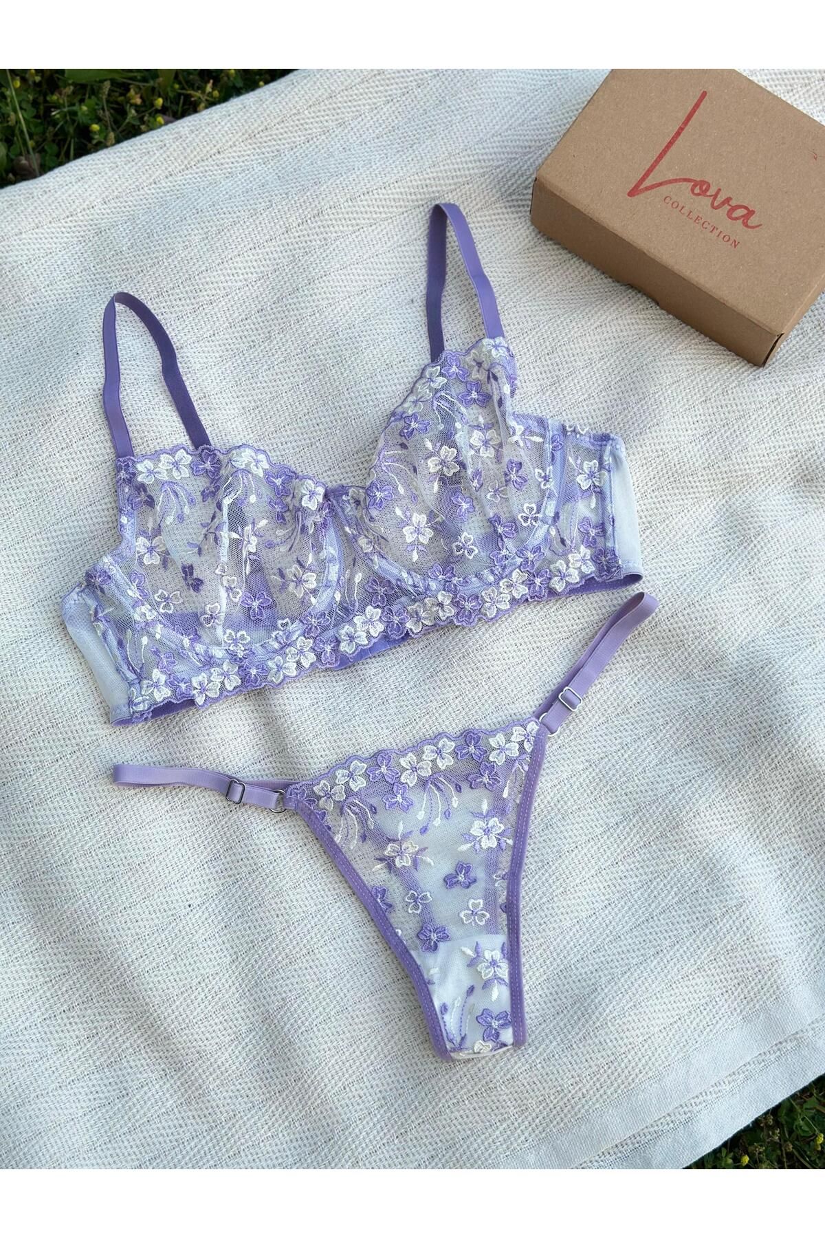 Lova Collection Violet Mor Çiçekli Dantel Bralet Takım