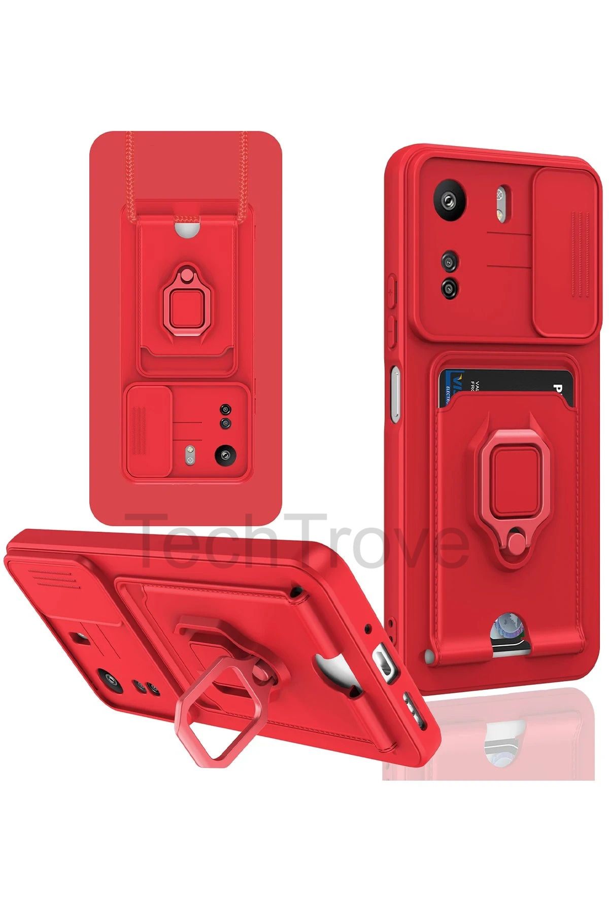 TechTrove Xiaomi Redmi 13C Kılıf Kamera Koruma Sürgülü Kartvizitli Kartlıklı Standlı İpli Renkli Kapak