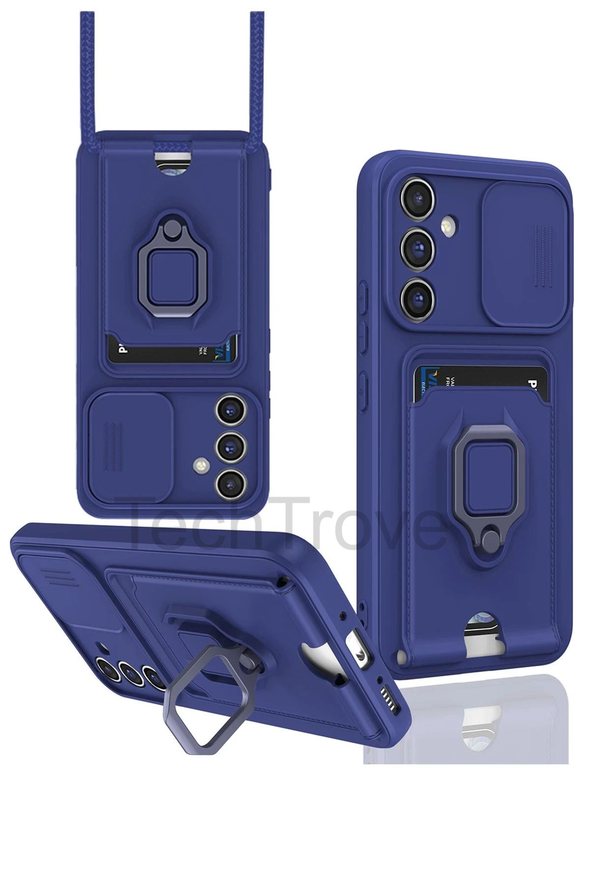 TechTrove Samsung Galaxy A14 Kılıf Kamera Koruma Sürgülü Kartvizitli Kartlıklı Standlı İpli Renkli Kapak