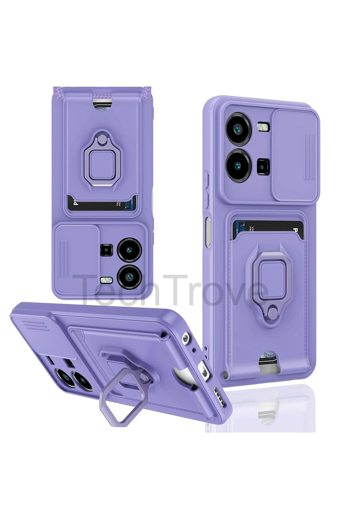 TechTrove Vivo Y35 Kılıf Kamera Koruma Sürgülü Kartvizitli Kartlıklı Standlı İpli Renkli Kapak