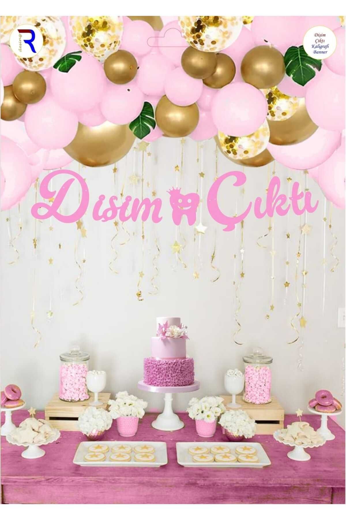 Partinity İlk Diş Pembe Kaligrafi Banner | Bebek Diş Partisi Süsü | Doğum Günü Dekoru