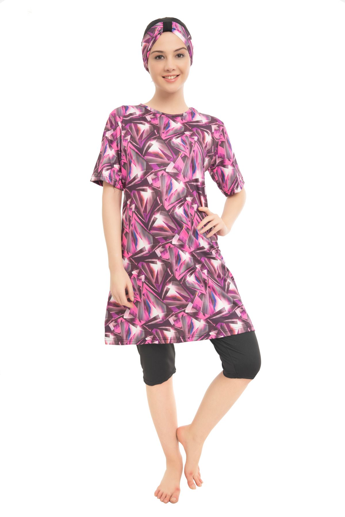 bazaar-turkey all you need Desenli Kısa Kollu Kısa Taytlı Tesettür Mayo 1604-73 Pembe