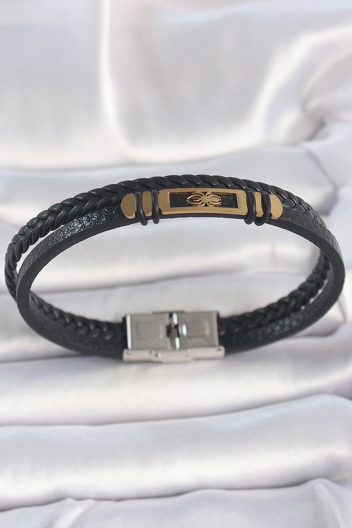 OurStyles 316L Çelik Gold Renk Örümcek Figür Çift Sıra Burgu Desenli Deri Kordon Erkek Bileklik - TJ-EB3711