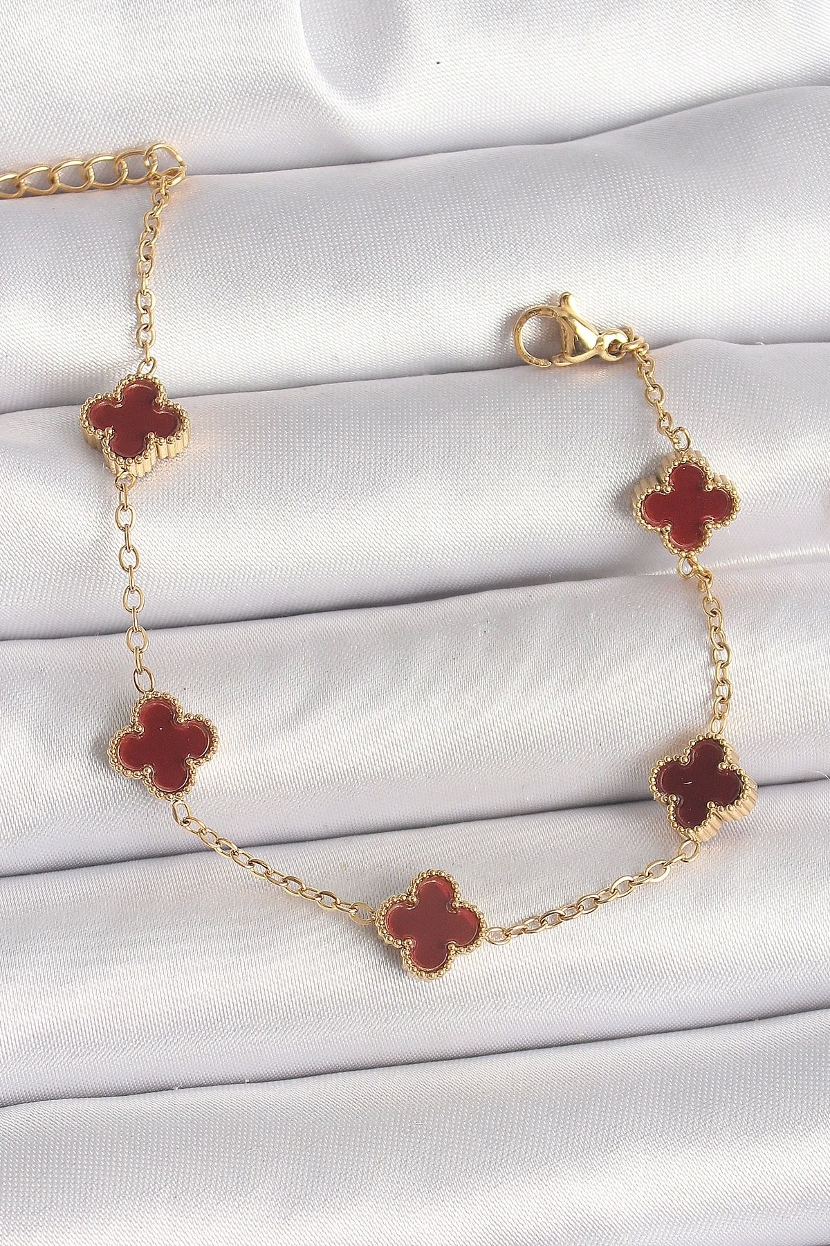 OurStyles 316L Çelik Gold Renk Kahverengi Yonca Model Kadın Bileklik - TJ-BB6865
