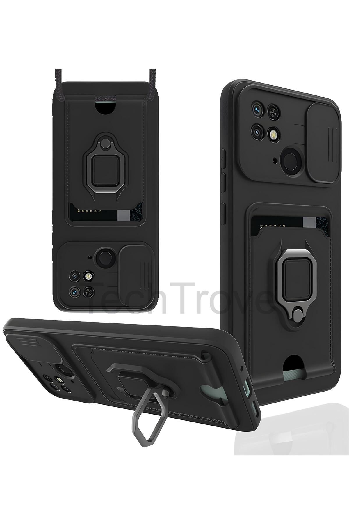 TechTrove Xiaomi Redmi 10C Kılıf Kamera Koruma Sürgülü Kartvizitli Kartlıklı Standlı İpli Renkli Kapak