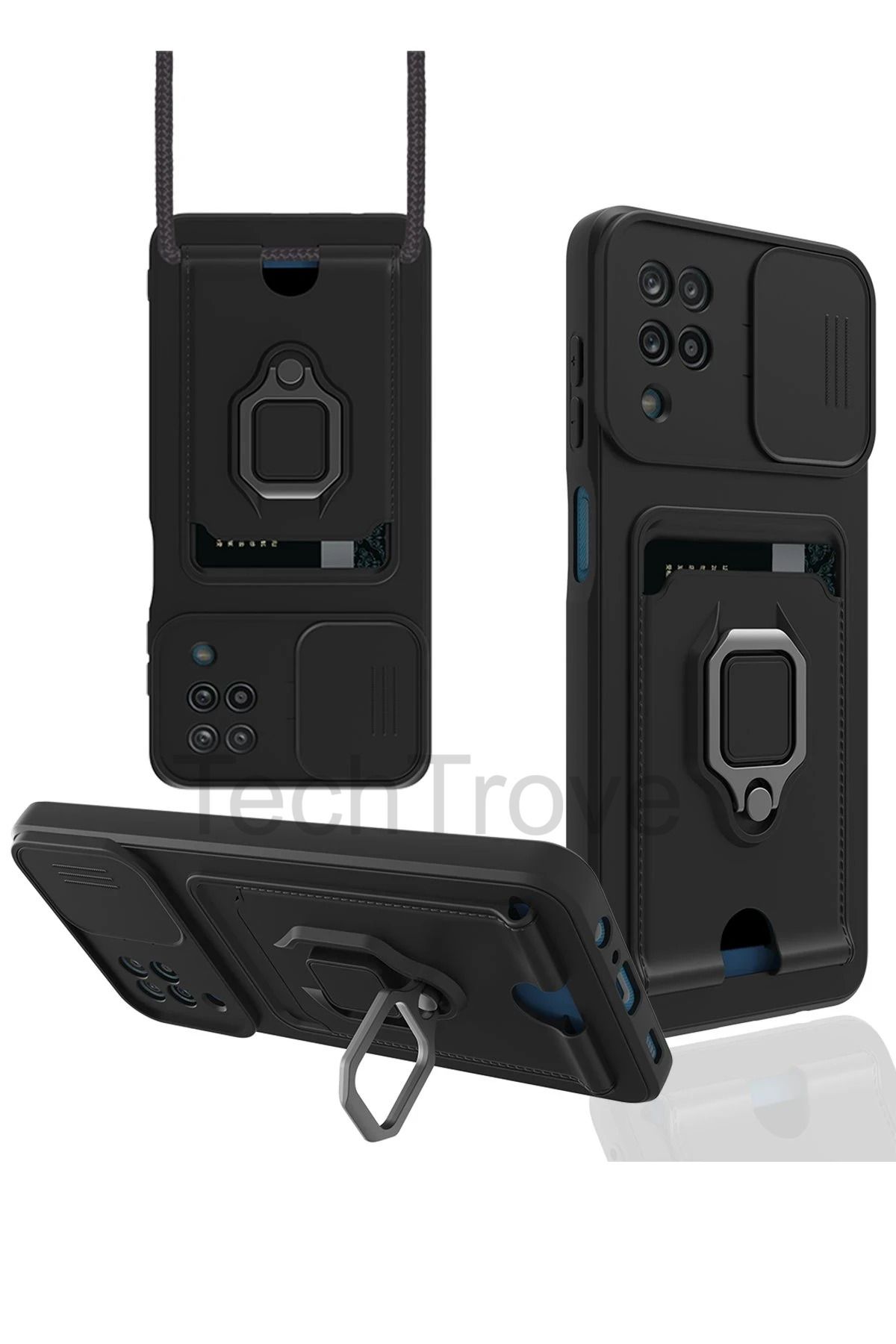 TechTrove Samsung Galaxy A12 Kılıf Kamera Koruma Sürgülü Kartvizitli Kartlıklı Standlı İpli Renkli Kapak