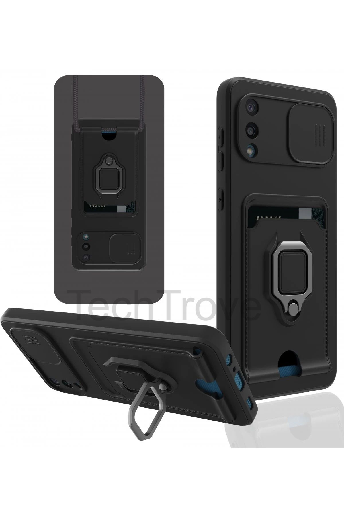 TechTrove Samsung Galaxy A02 Kılıf Kamera Koruma Sürgülü Kartvizitli Kartlıklı Standlı İpli Renkli Kapak