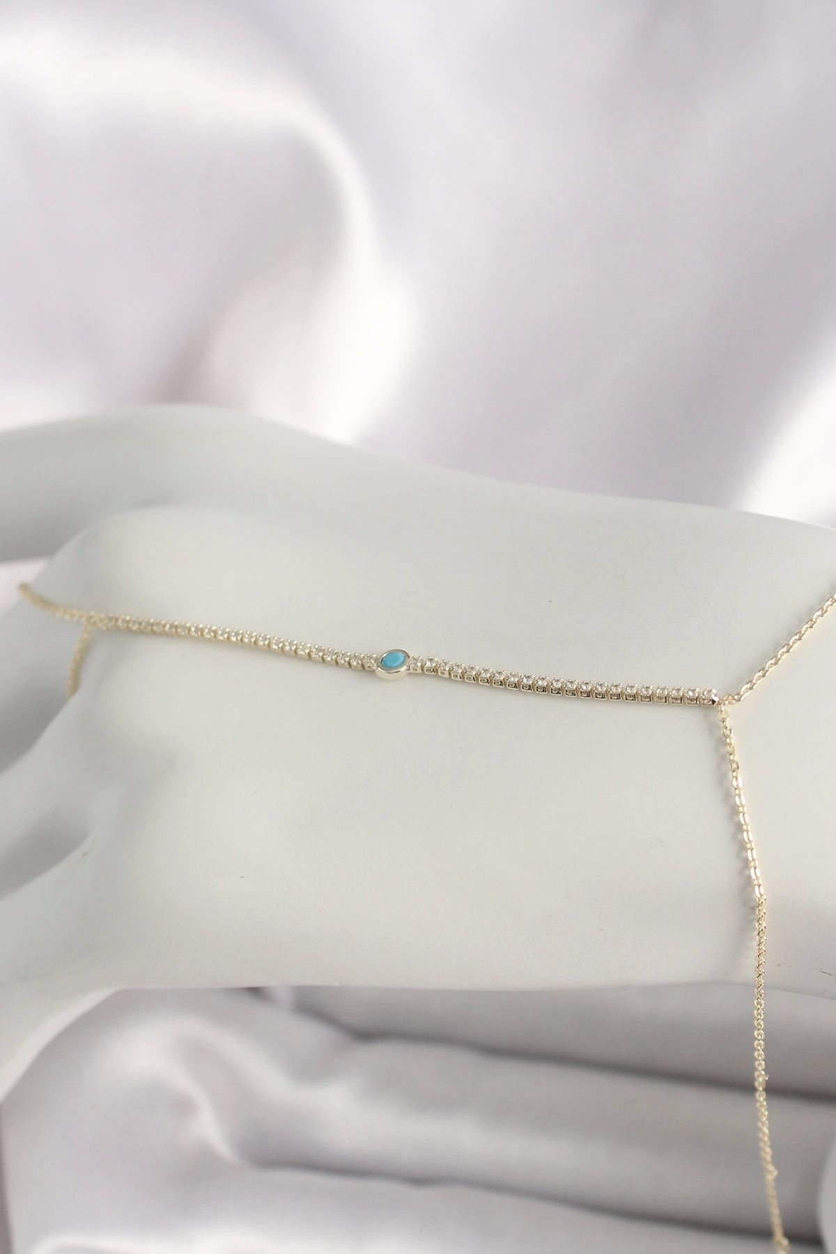 OurStyles Pirinç Gold Renk Su Yolu Zirkon Taşlı Mavi Taş Detaylı Kadın Şahmeran - TJ-SN621