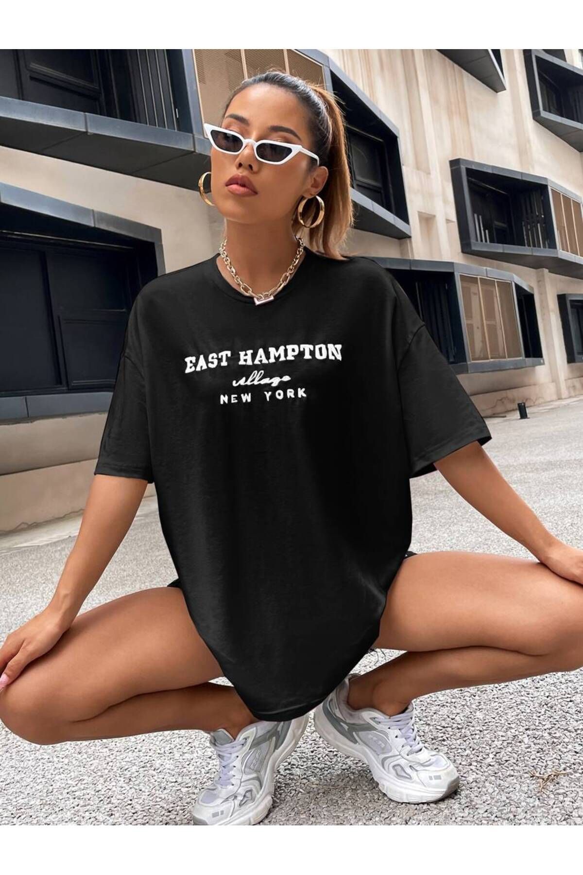 ELNOYA Unisex Siyah Oversize Tişört "EAST HAMPTON" Baskılı Rahat Günlük T-shirt