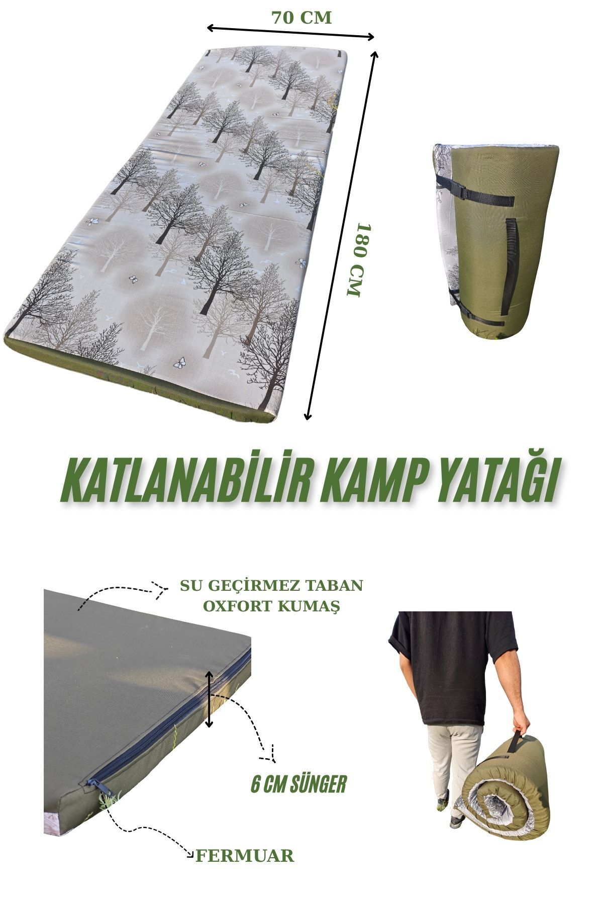 Med Online Katlanabilir Kamp Yatağı Su Geçirmez Taban Fermuarlı Minder Taşınabilir Kılıf Çadır Mat 180x70x6 cm