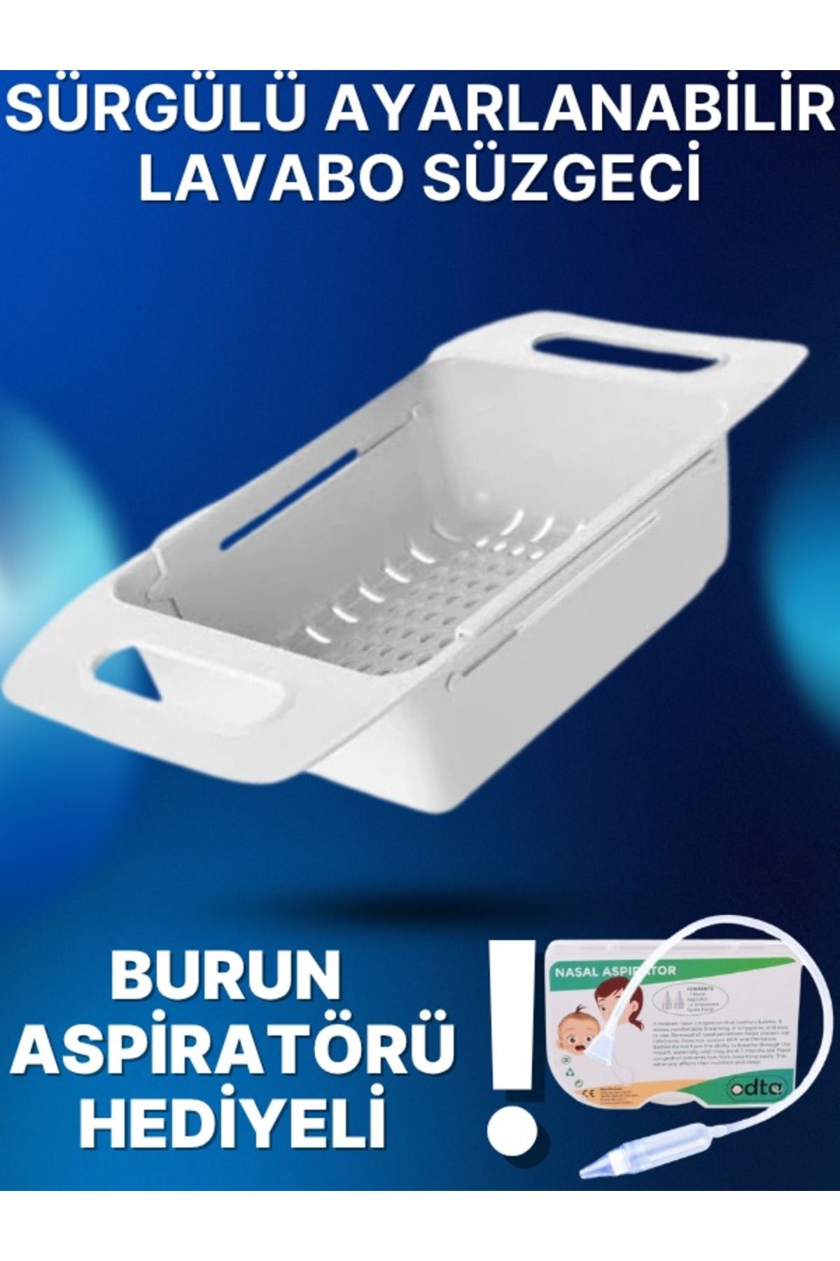 ODTA Sürgülü Ayarlanabilir Pratik Lavabo Süzgeci, Uzun Kısa Ayarlı Evye-Nasal Aspiratör Hediyeli