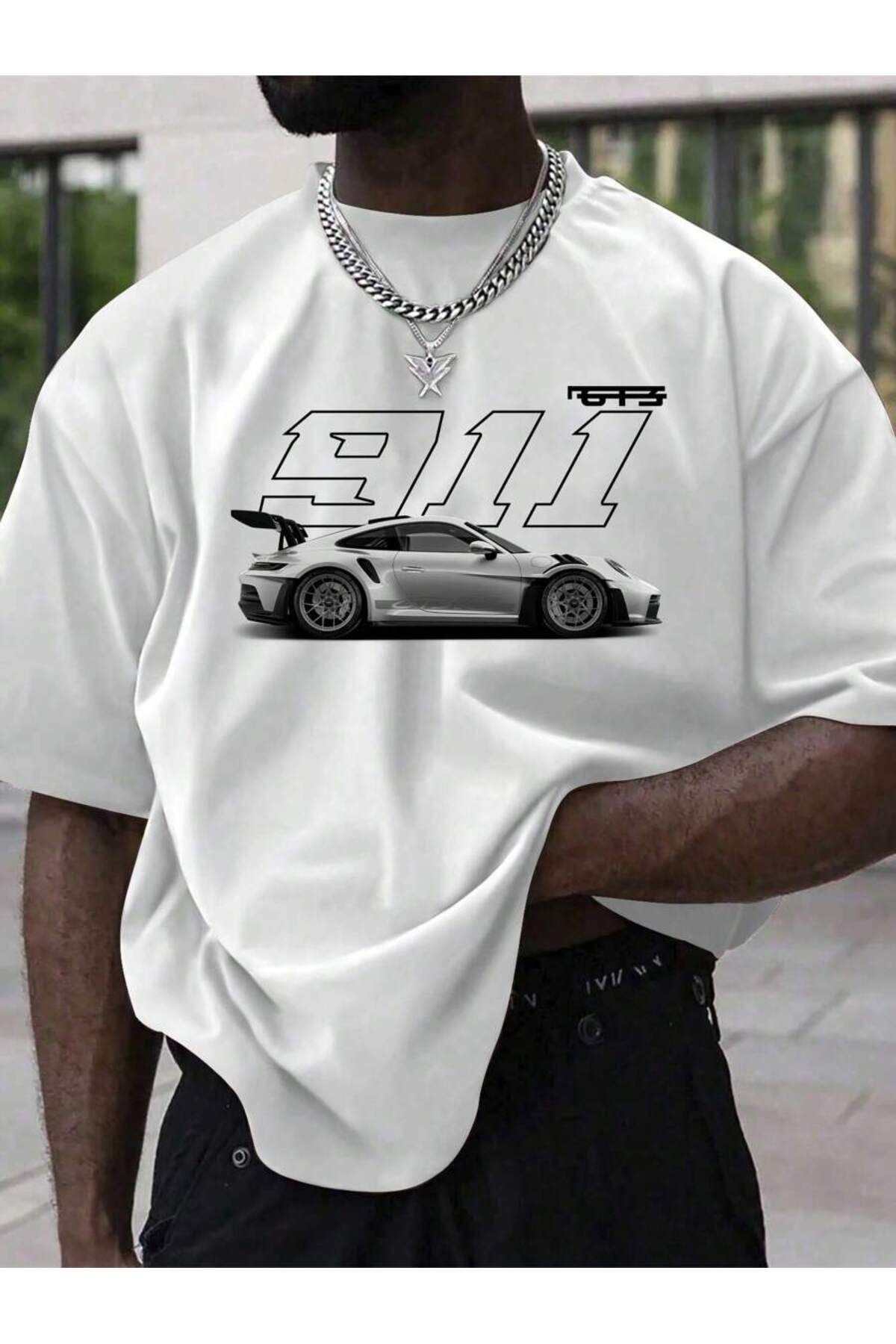 ELNOYA Unisex Pamuklu Beyaz Oversize "Car 911" Baskılı Rahat Günlük T-shirt