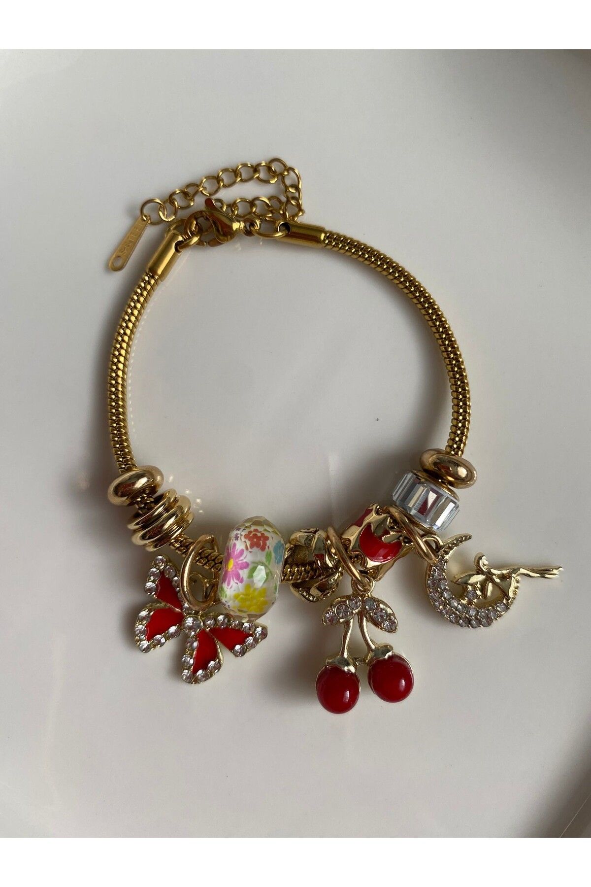 Bellamy Jewelry Taşlı Charm Bileklik Kırmızı- Gold