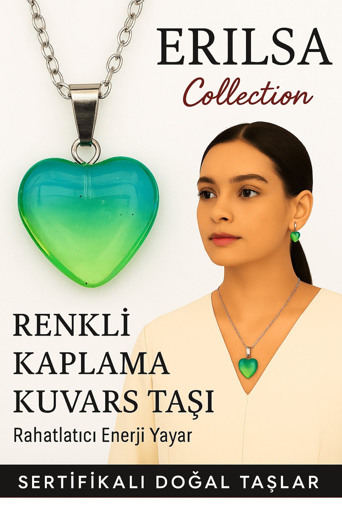 Erilsa Sertifikalı Renkli Kaplama Kuvars Taşı Kolye (Mavi Yeşil) – Huzur, Denge ve İfade Gücü Taşı