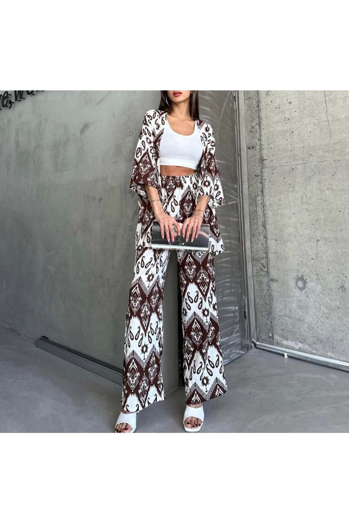 Butik GENİŞ PAÇA BUTİK İKİLİ KİMONO TAKIM KAHVE