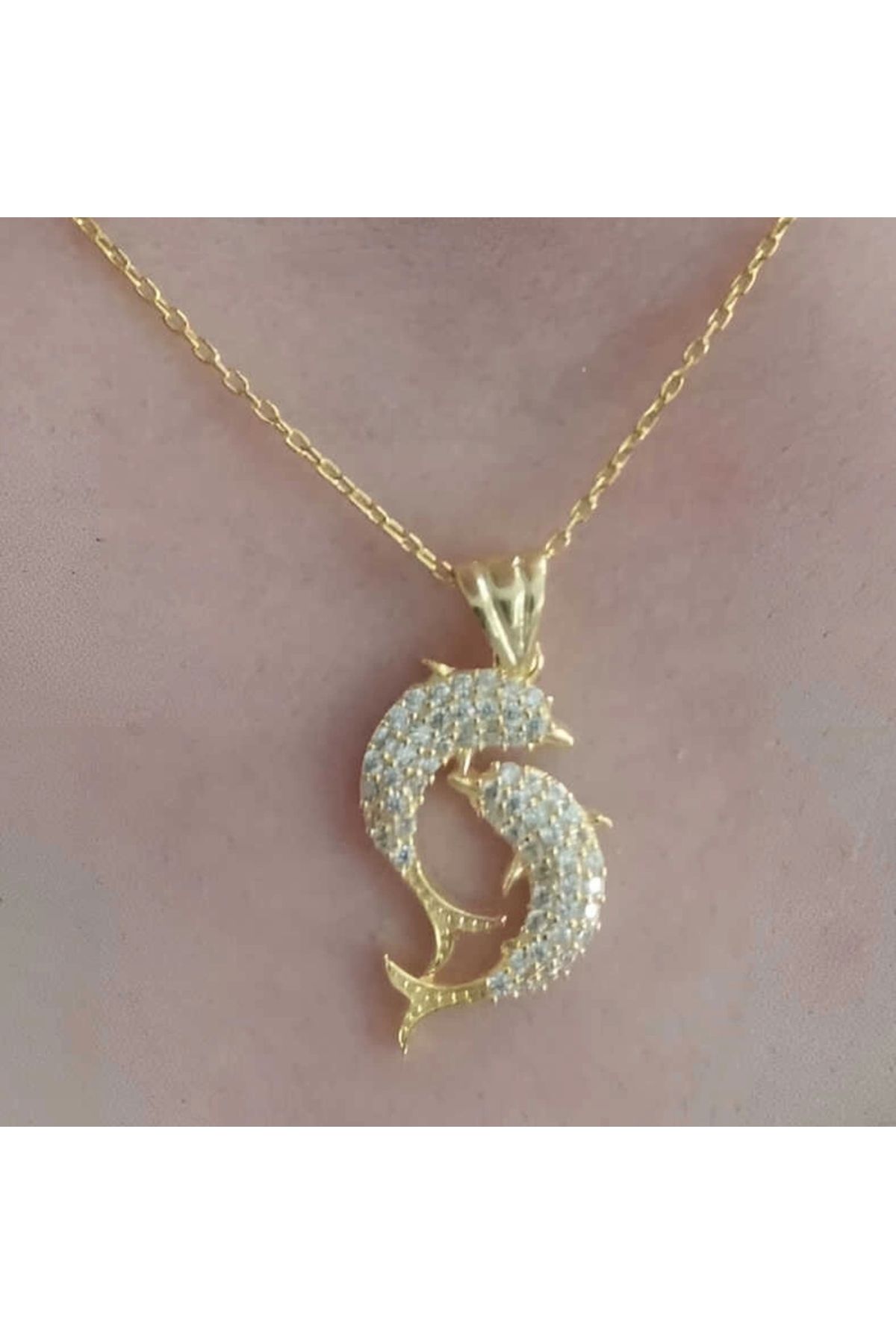 minaydan Gümüş Gold Çift Yunus Balığı Kadın Kolye