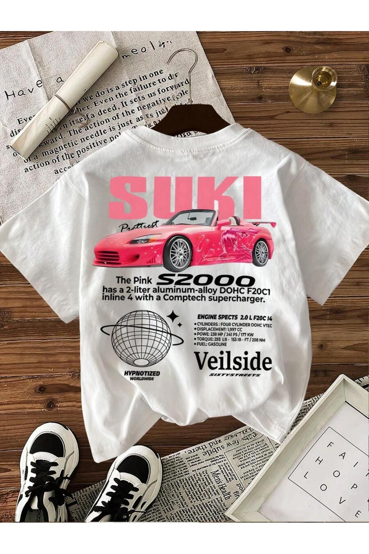 ELNOYA Unisex Pamuklu Beyaz Oversize "Suki S2000" Baskılı Rahat Günlük T-shirt