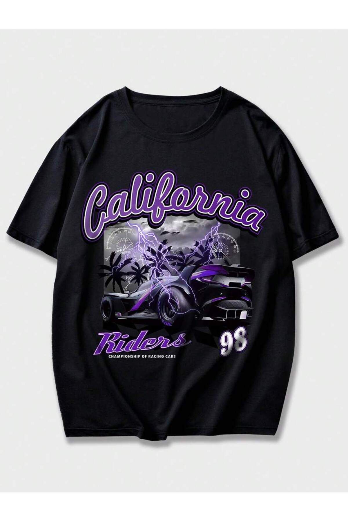 ELNOYA Unisex Siyah Oversize Tişört "California" Baskılı Rahat Günlük T-shirt