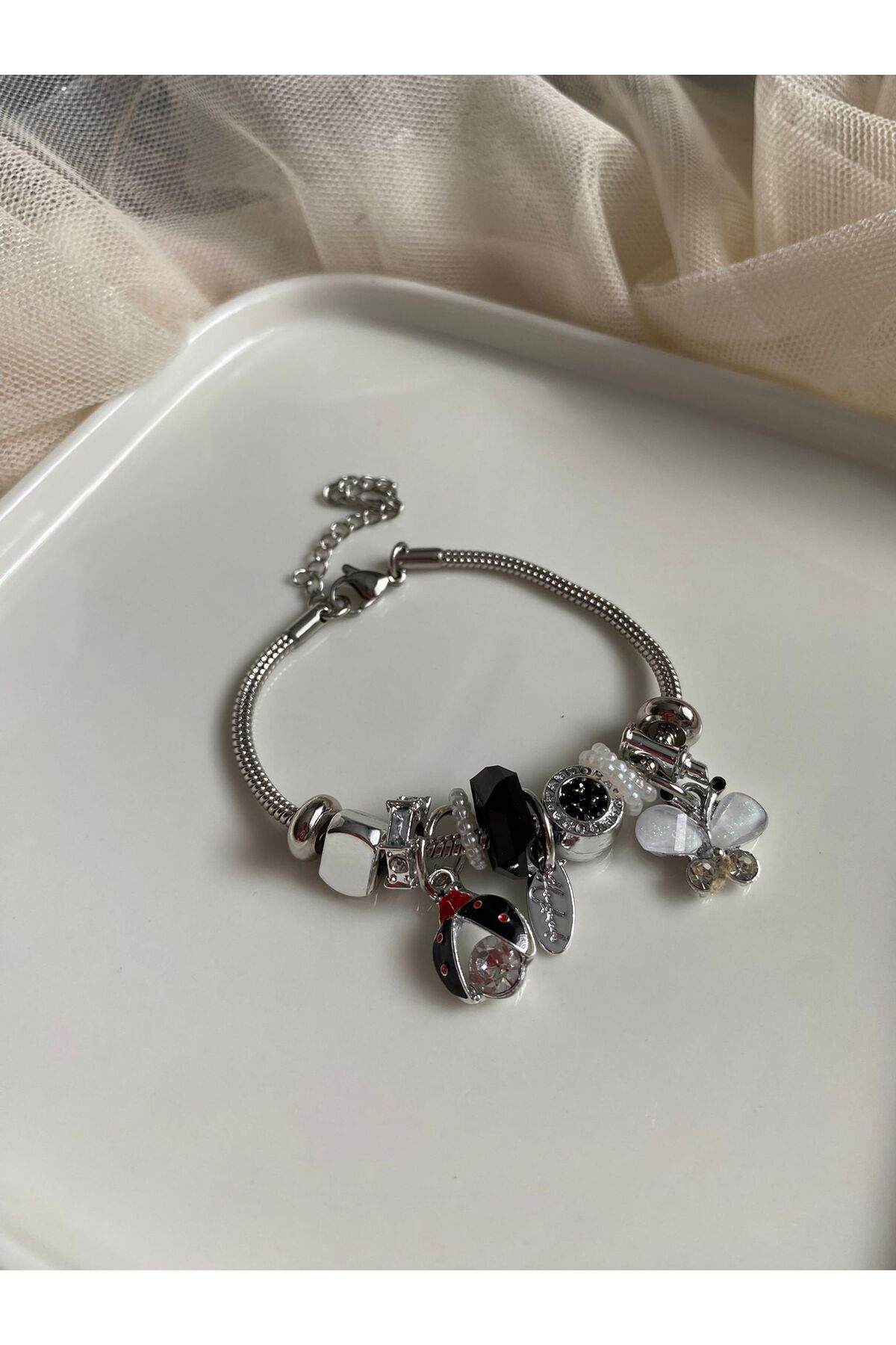 Bellamy Jewelry Taşlı Charm Bileklik Beyaz- Silver