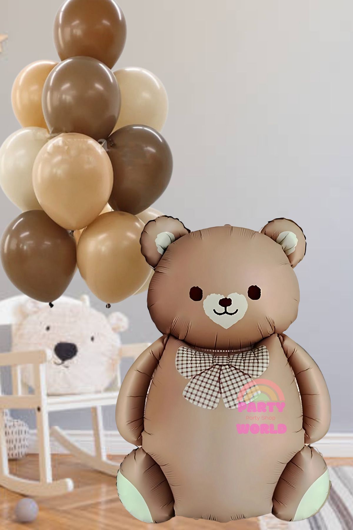 party world Papyonlu Kahverengi Ayıcık Folyo Balon & 10’lu Kahverengi Tonlar Balon Seti 2