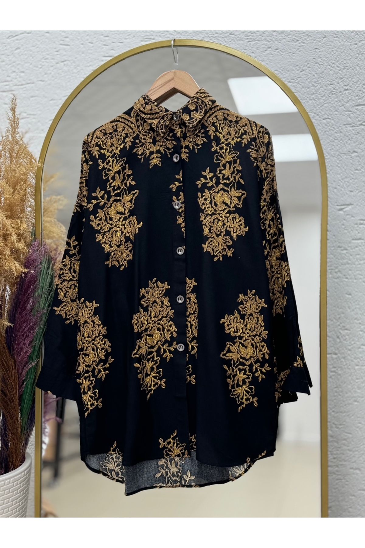 MİHRA STORE Roma Parçalı Etnik Desen Viskon Gömlek-PE204 Siyah