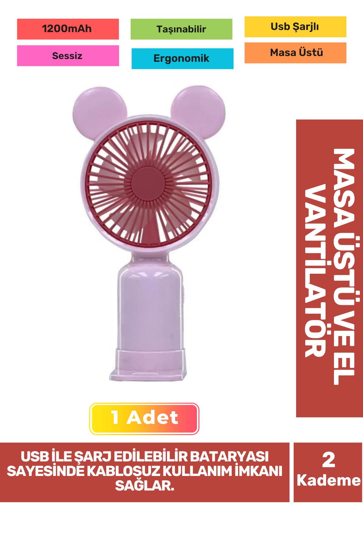 Fantazer 2 Kademeli Ultra Sessiz Hafif Kablosuz 1200mAh Pervaneli Taşınabilir Usb Şarj Masa El Fan Vantilatör