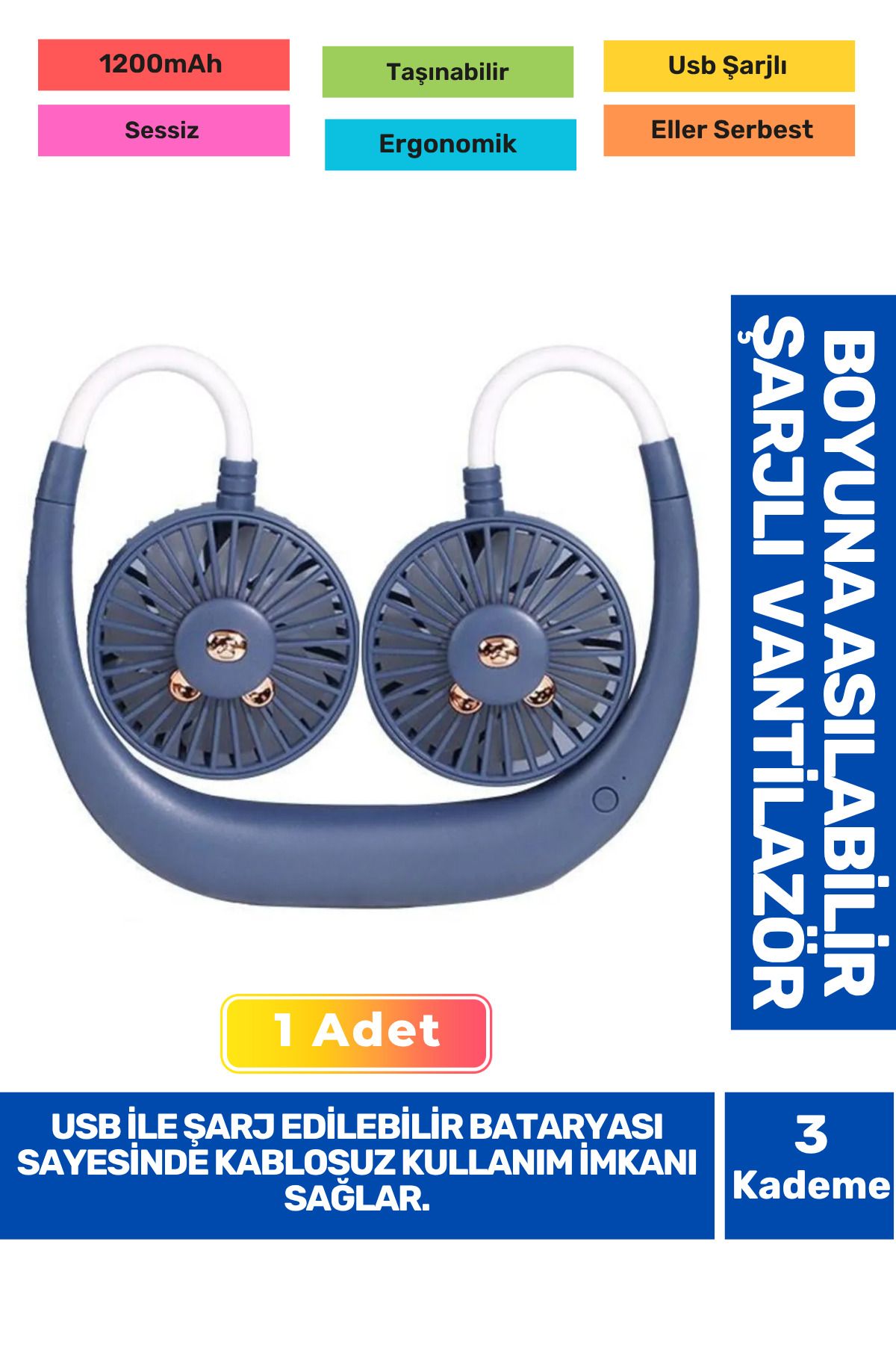 Fantazer 3 Kademeli Ultra Sessiz Sarı Eller Serbest Boyuna Asılabilir Şarjlı Klima Soğutucu Fan Vantilatör